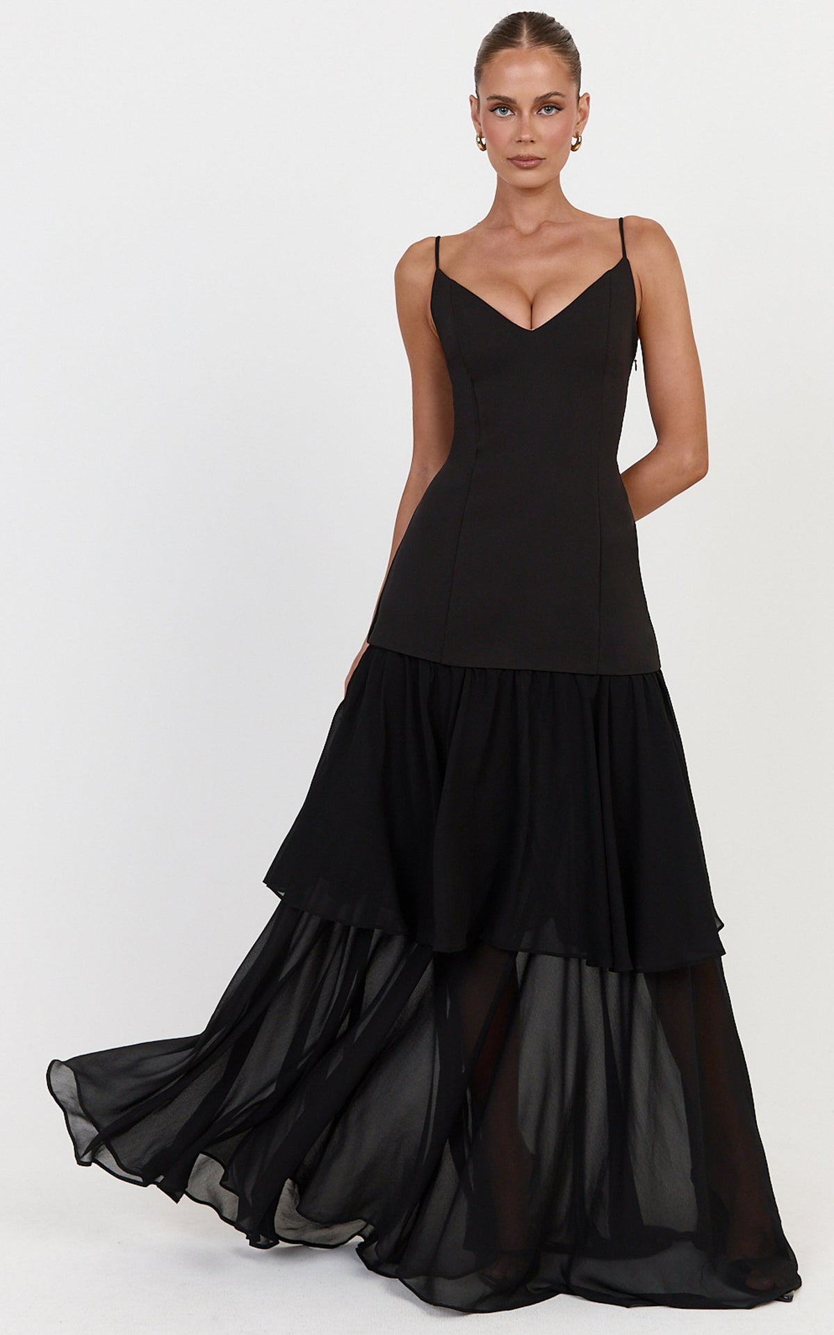 Lily Maxi Dress - Lace Up Back V Neck Tiered Georgette Dress in Black