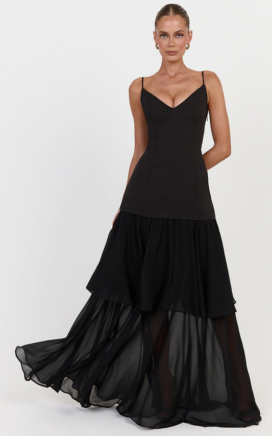 Lily Maxi Dress - Lace Up Back V Neck Tiered Georgette Dress in Black