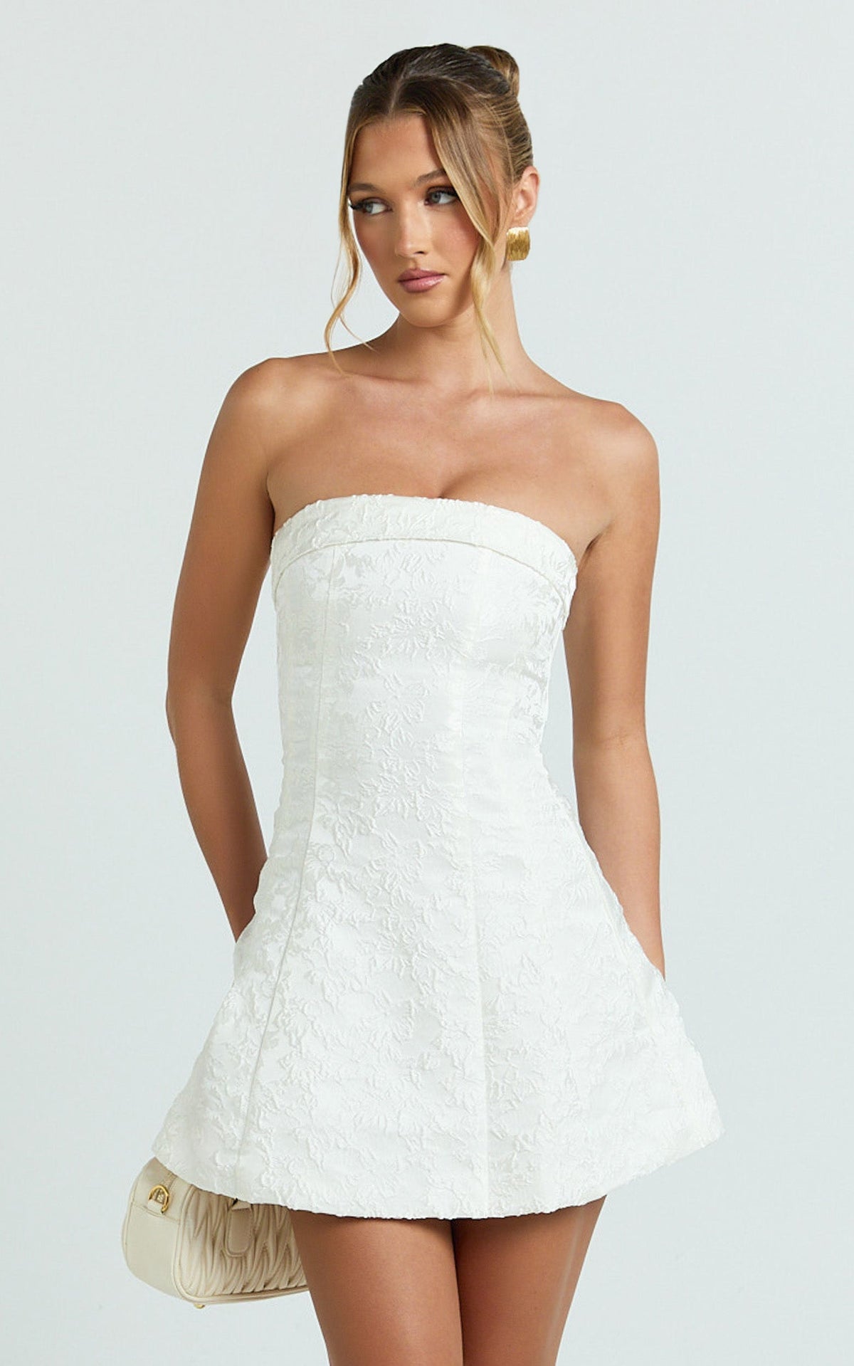 Courtney Mini Dress - Satin Paneled Strapless A Line Dress in White