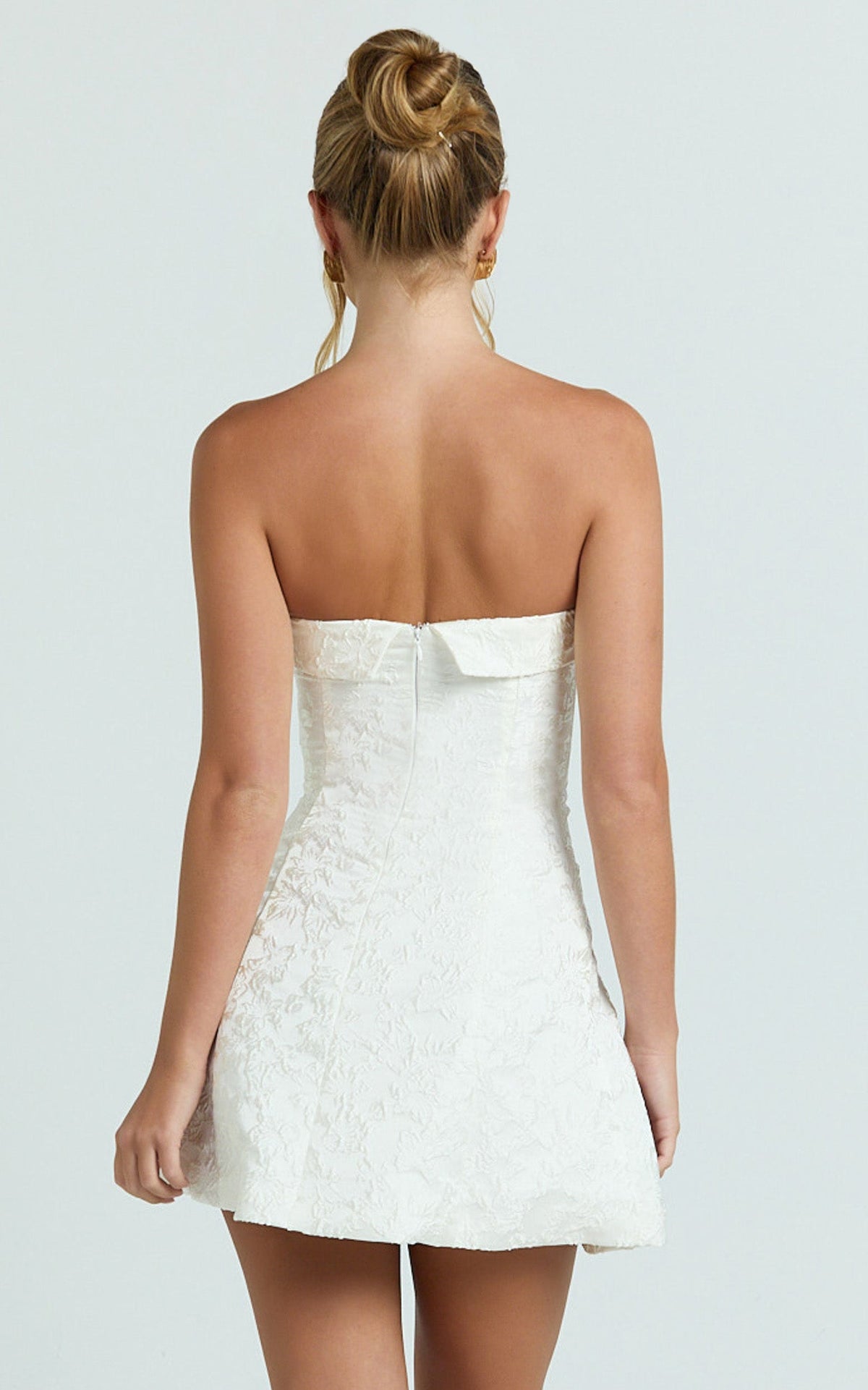 Courtney Mini Dress - Satin Paneled Strapless A Line Dress in White
