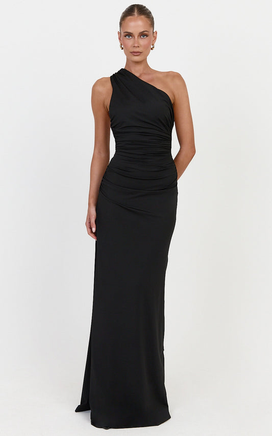 Cressida Maxi Dress - Backless One Shoulder Jersey Dress With Back Sash Detail in Black
