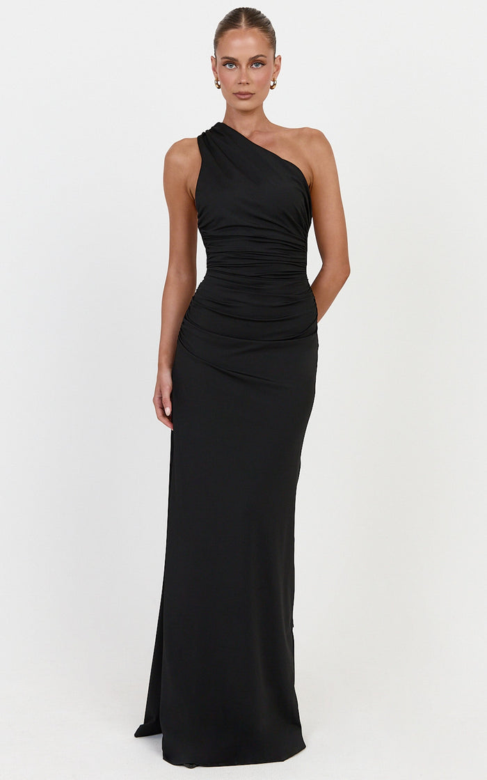 Cressida Maxi Dress - Backless One Shoulder Jersey Dress With Back Sash Detail in Black