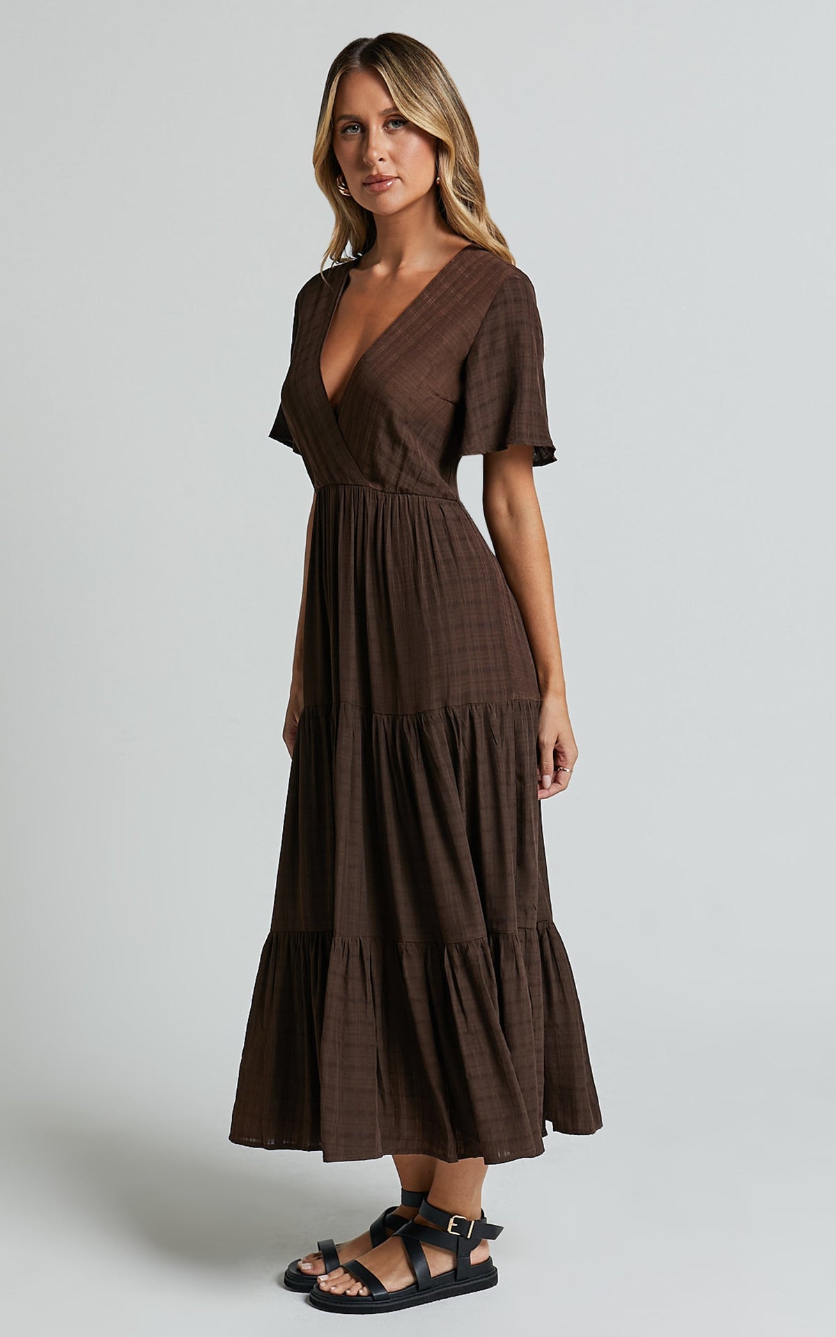 Cryzel Midi Dress - Flutter Sleeve Tiered Dress in Chocolate