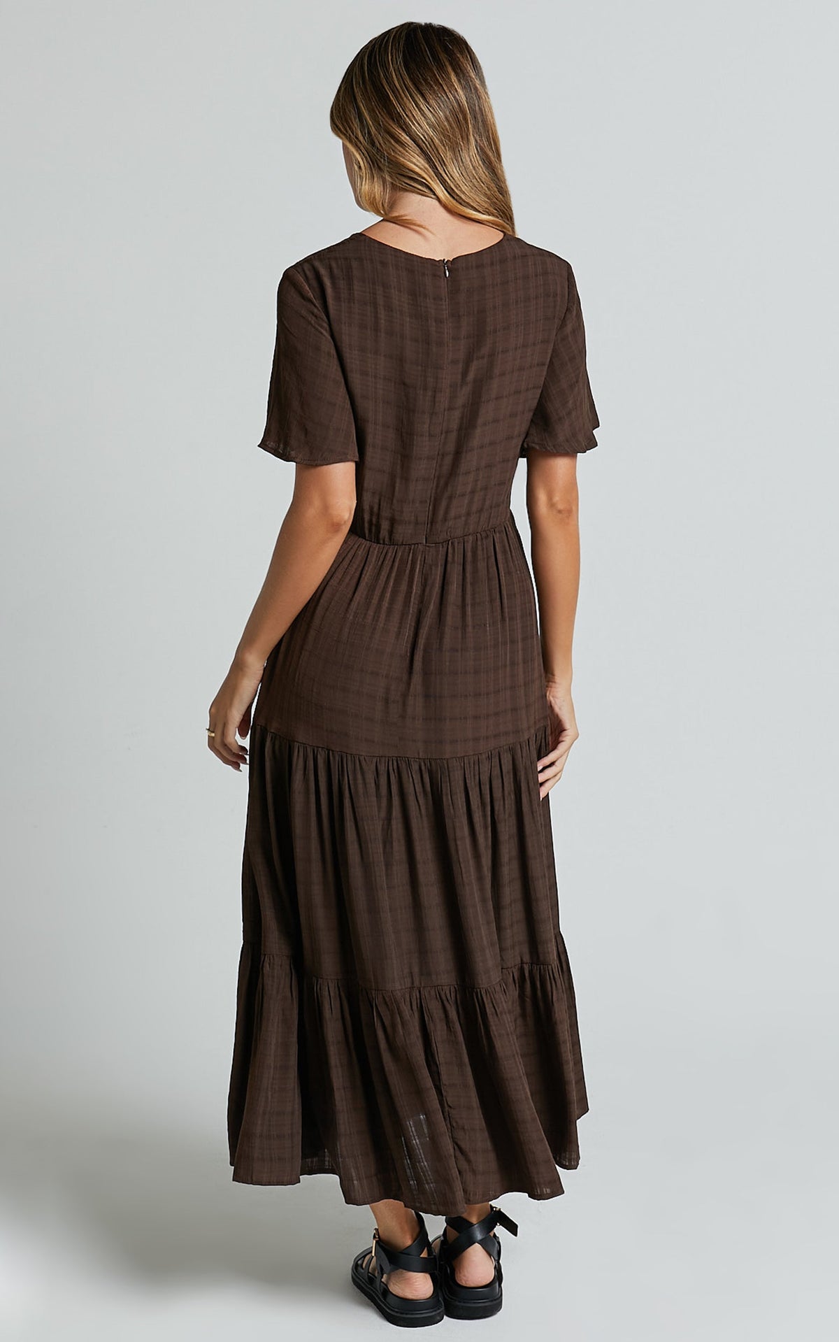 Cryzel Midi Dress - Flutter Sleeve Tiered Dress in Chocolate