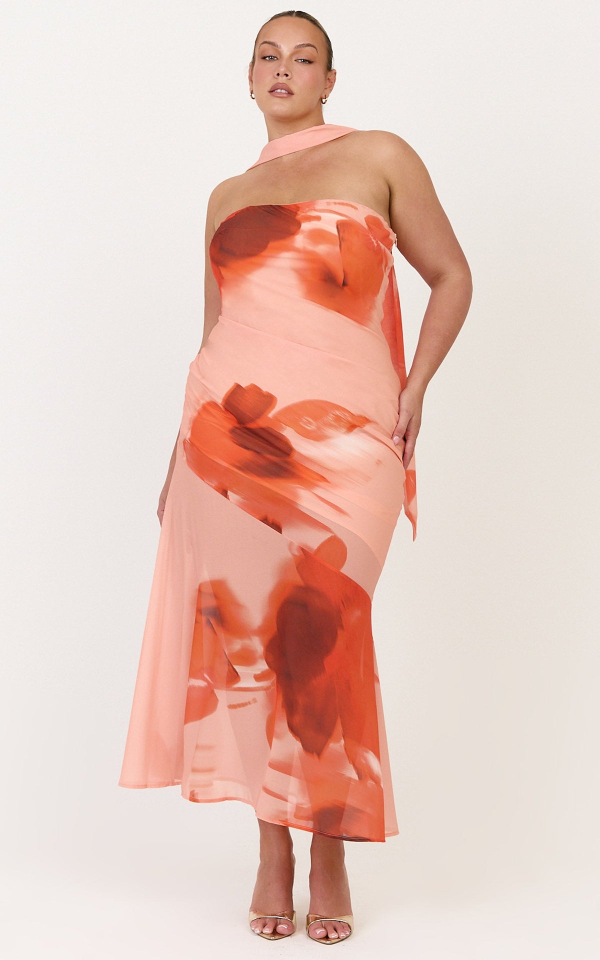 Angie Maxi Dress - Strapless Bias Column Dress with Scarf in Orange