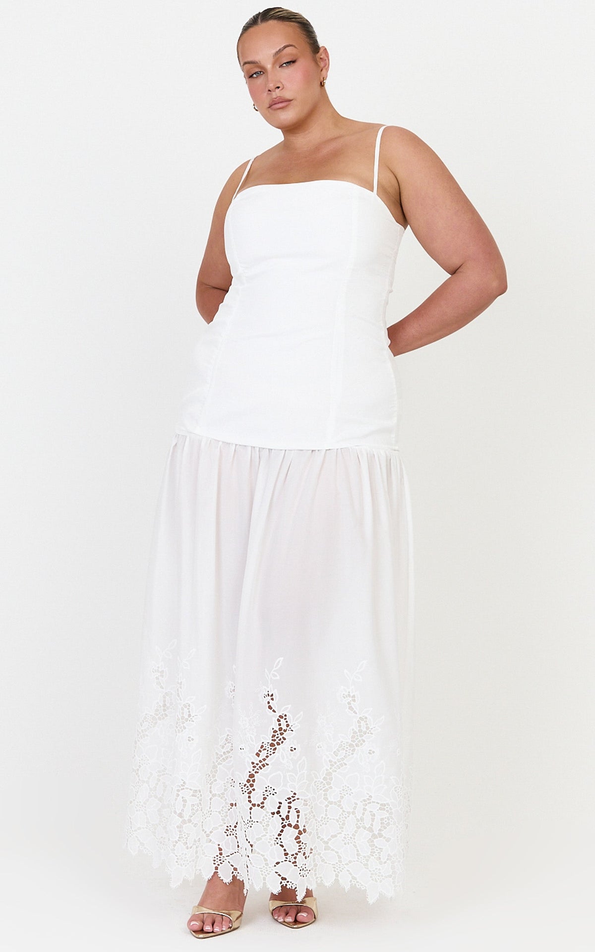 Everly Maxi Dress - Straight Neck Broderie Cut Out Hem Dress in White