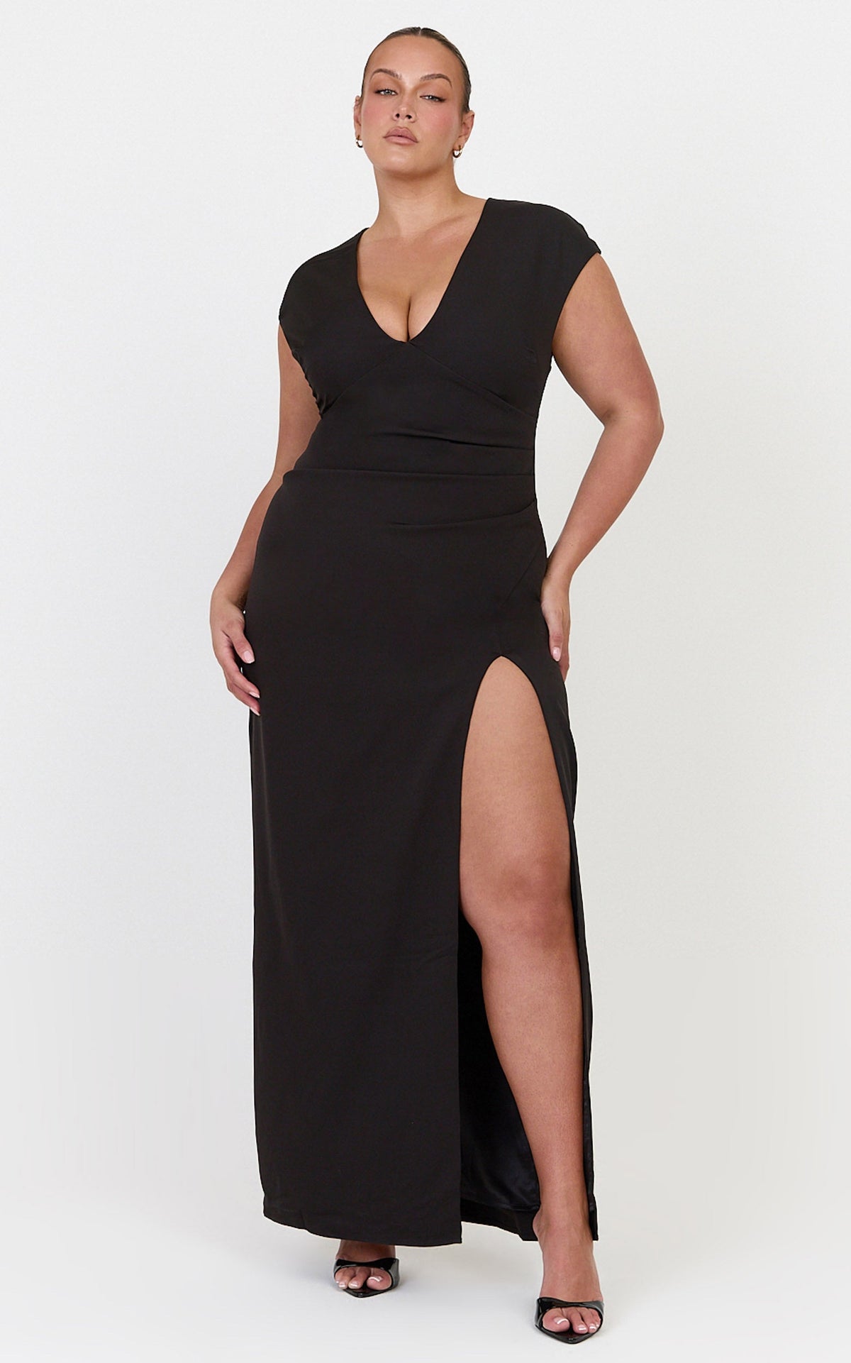 Lilo Maxi Dress - V Neck Cap Sleeve Dress in Black