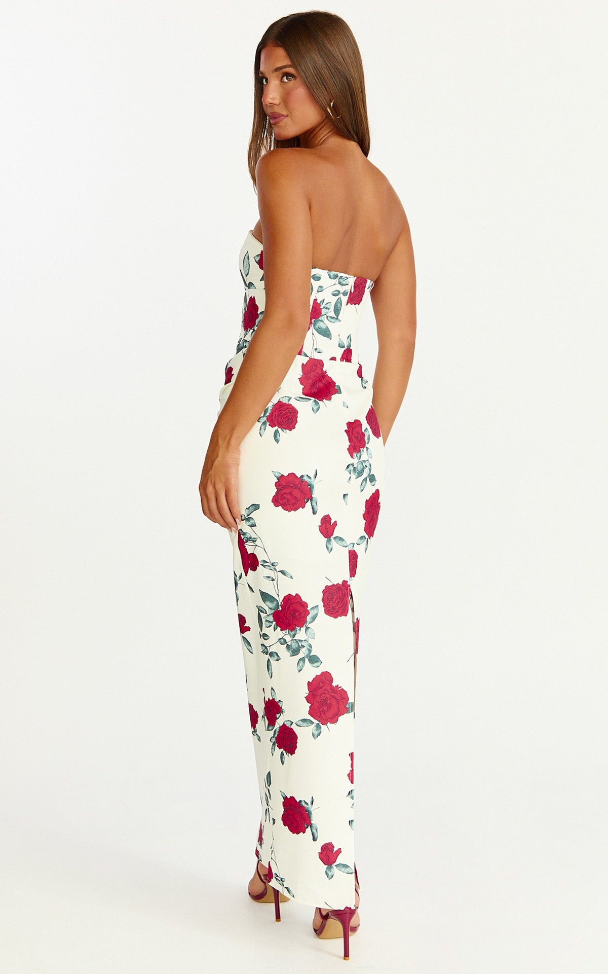Dahlia Midi Dress - Strapless Draped Cowl Waist Fitted Dress in Scarlet Rose Print