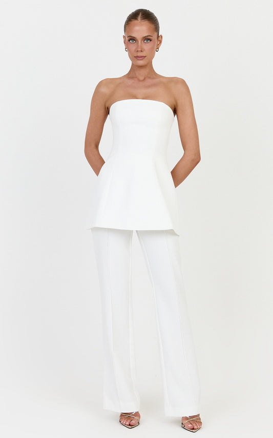 Daisy Pants - Mid Waisted Pin Tucked Bootleg Tailored Pants in Off White