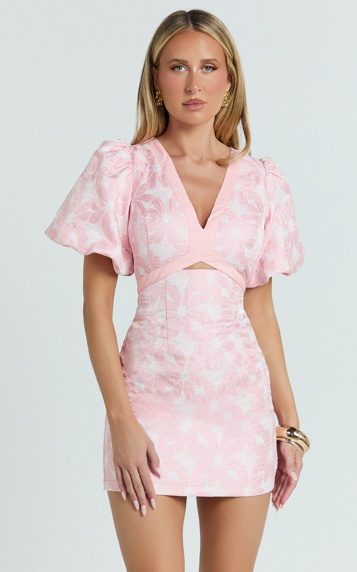 Diana Mini Dress - Jacquard Short Sleeve Cut Out Dress in Light Pink