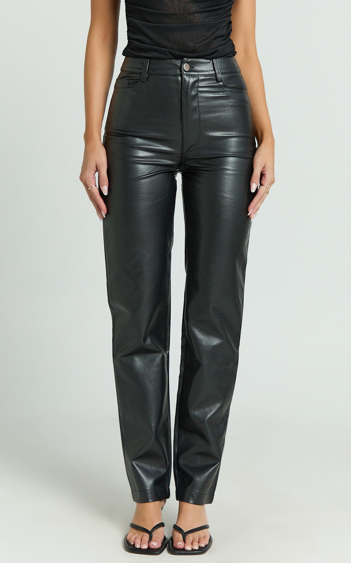 Dilyene Pants - Mid Waist Straight Leg Faux Leather Pants in Black