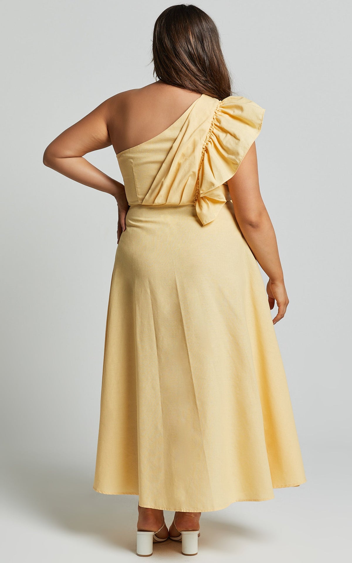 Dixie Midi Dress - Linen Look One Shoulder Ruffle Dress in Lemon