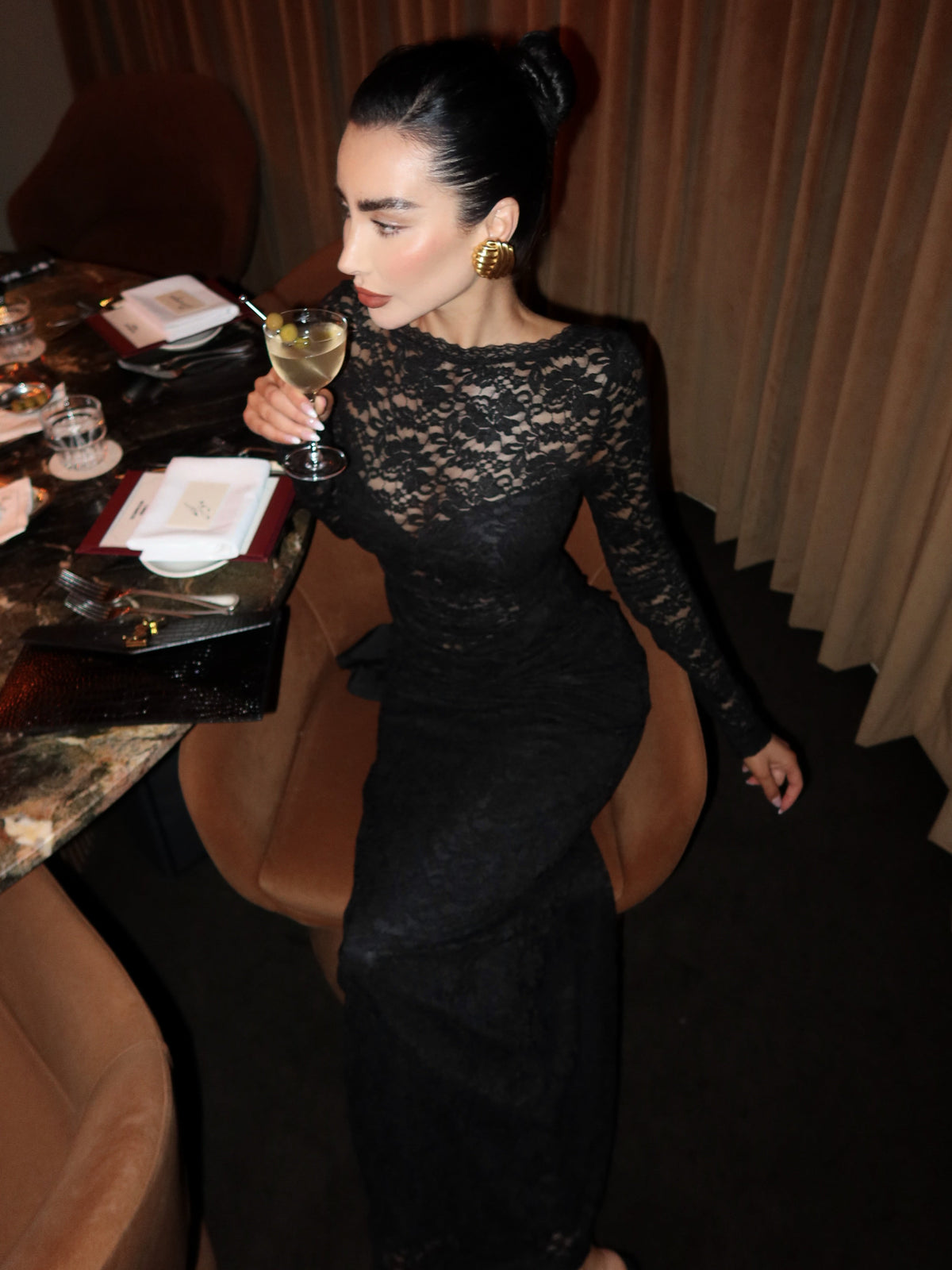 Skye Maxi Dress - Lace Long Sleeve Draped Waist Dress in Black