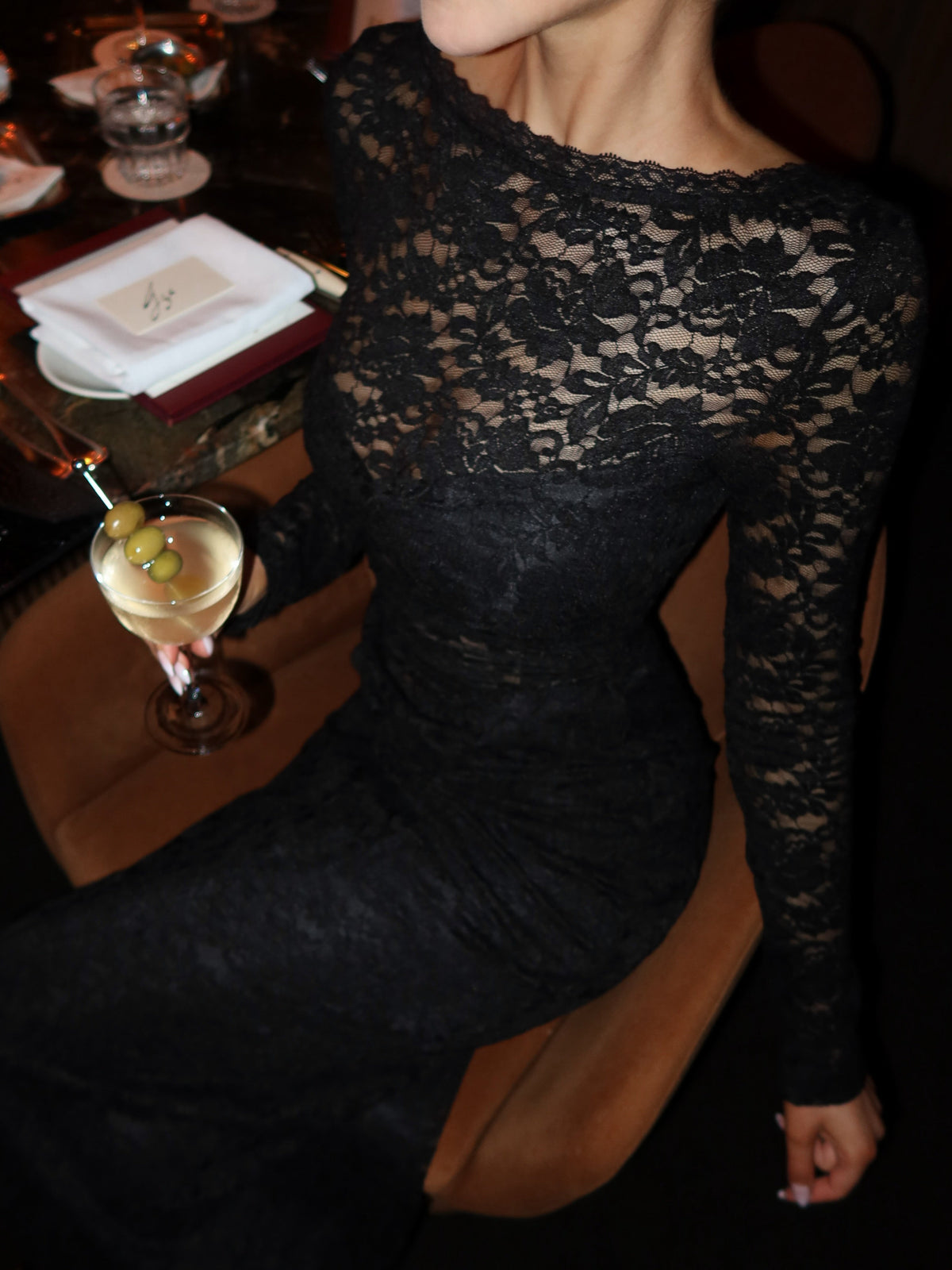 Skye Maxi Dress - Lace Long Sleeve Draped Waist Dress in Black