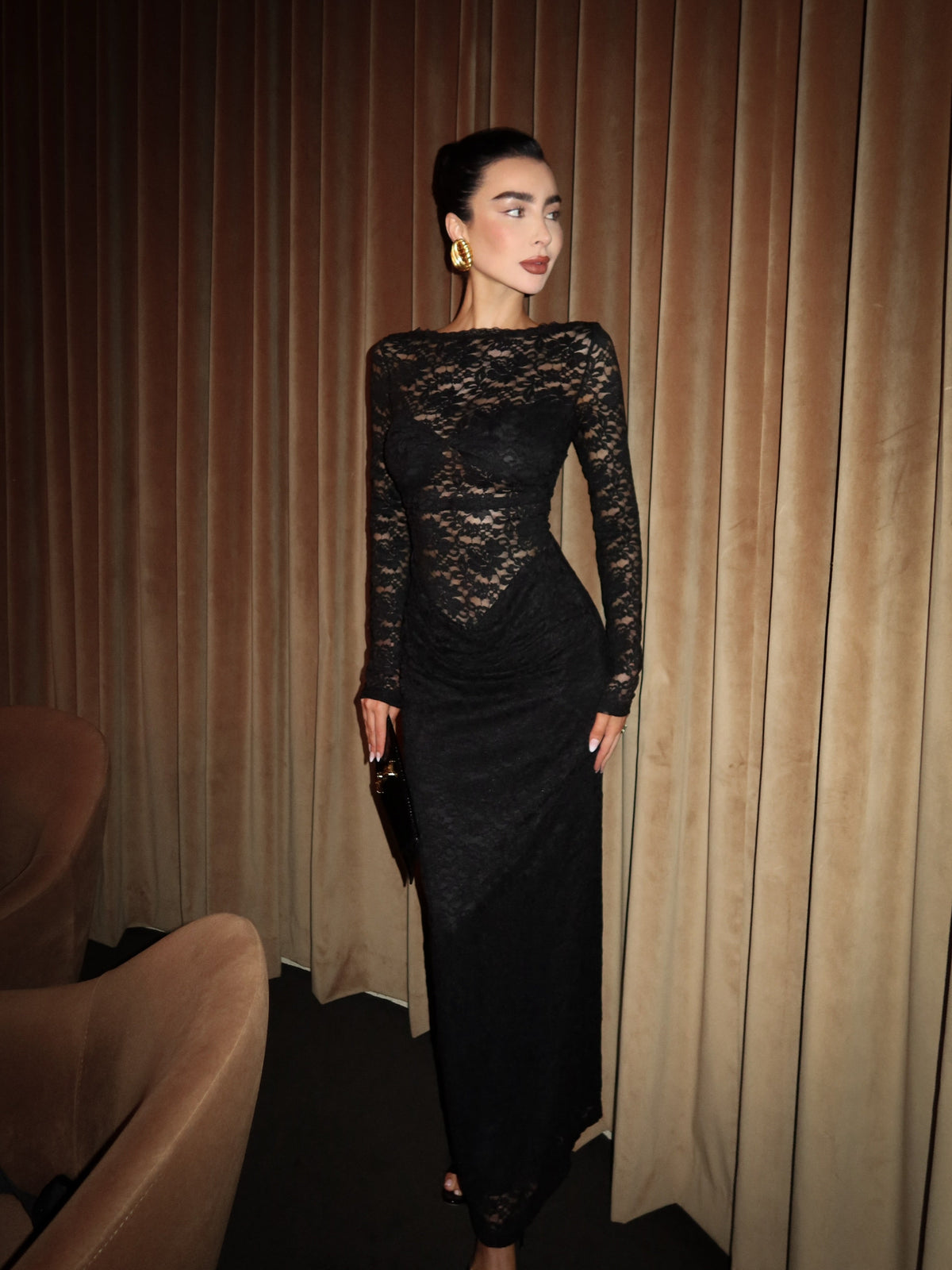 Skye Maxi Dress - Lace Long Sleeve Draped Waist Dress in Black