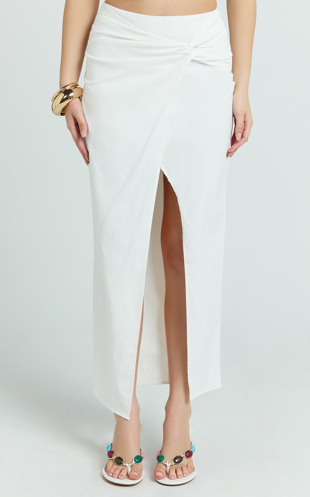 Dylan Midi Skirt - Mid Waist Twist Front Midi Skirt in White