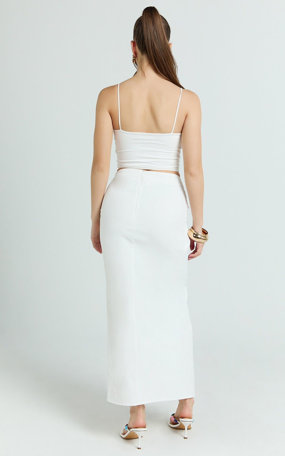 Dylan Midi Skirt - Mid Waist Twist Front Midi Skirt in White