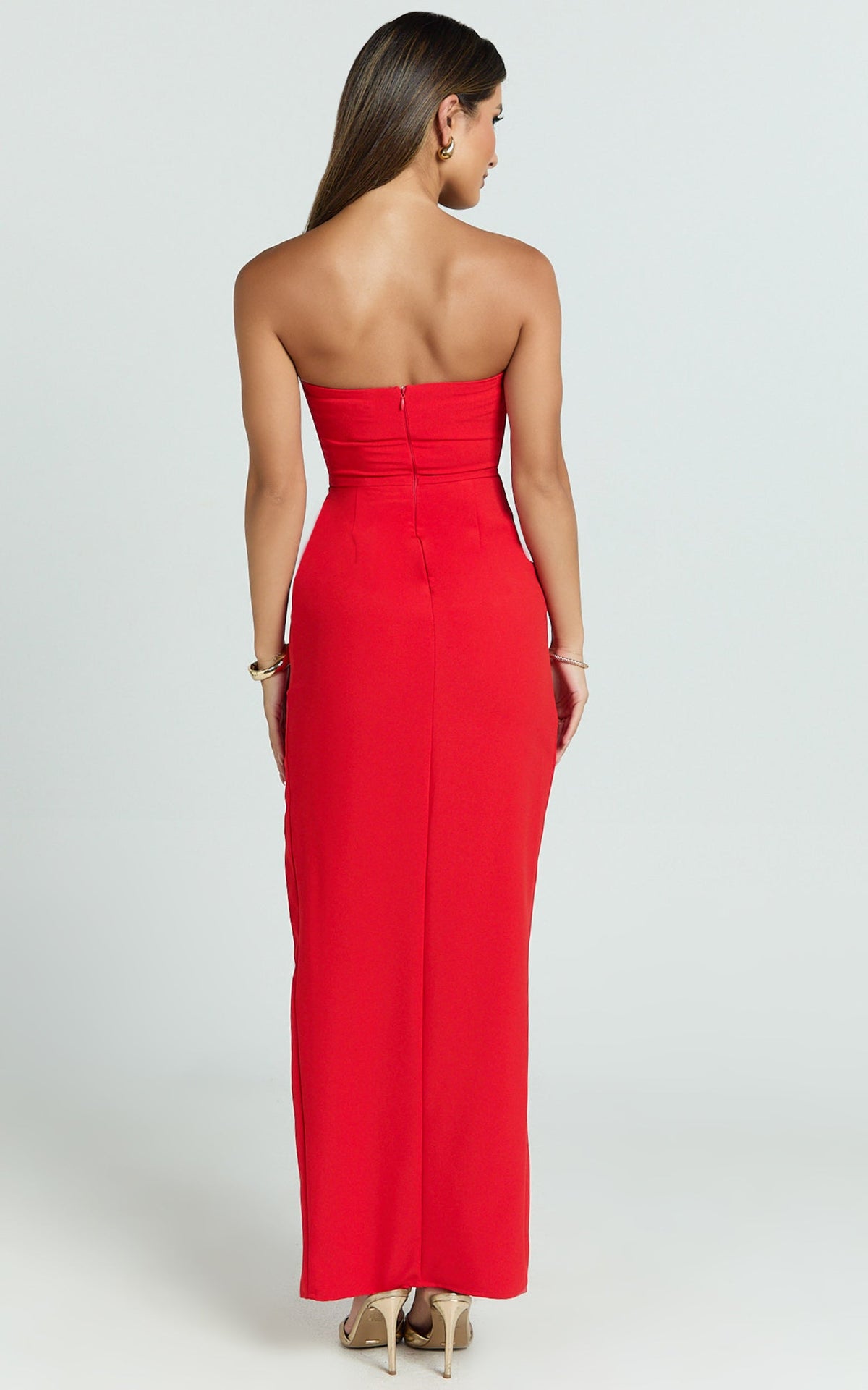 Ebby Maxi Dress - Strapless Rosette Thigh Split Dress in Red