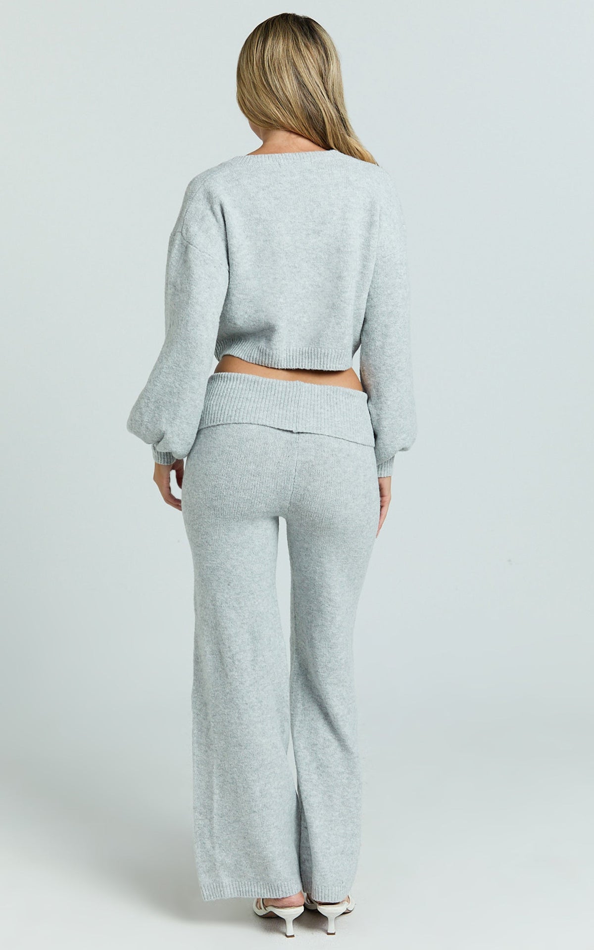 Ebony Two Piece Top and Pants Set - Knitted Crop Cardigan and Pants Set in Light Grey