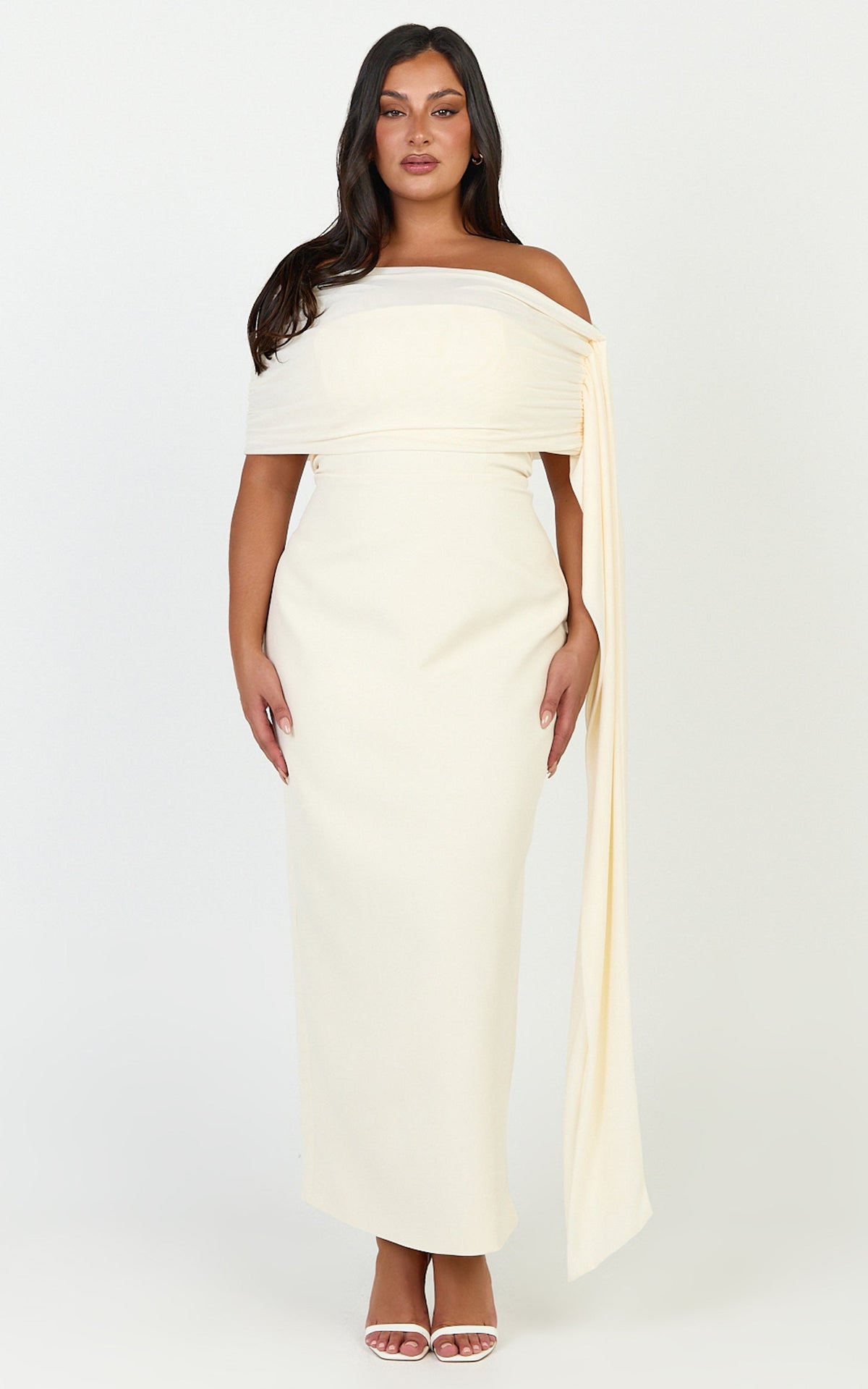 Elina Maxi Dress - Off Shoulder Contrast Mesh Draped Overlay Dress in Cream