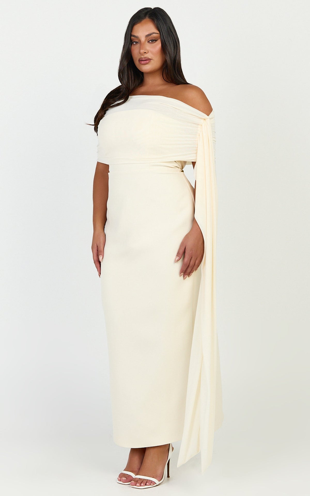 Elina Maxi Dress - Off Shoulder Contrast Mesh Draped Overlay Dress in Cream