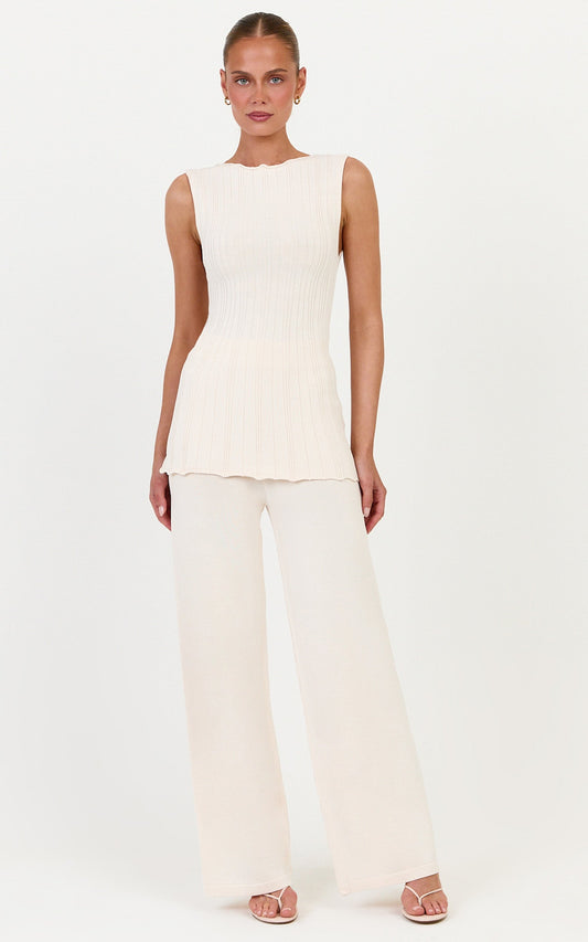 Elodie Two Piece Set - Rib Knit Top and Pant Set in Off White
