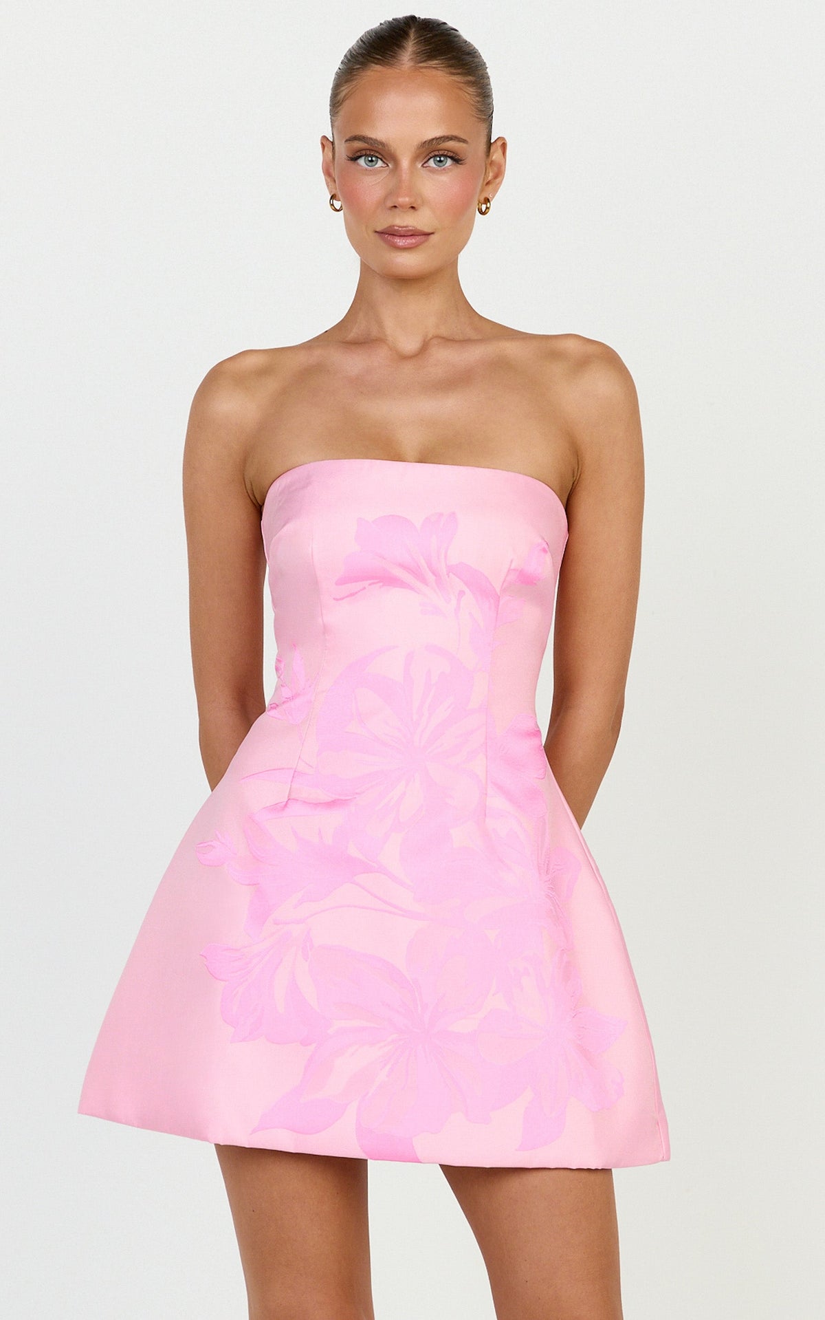 Emme Mini Dress - Strapless Jacquard Placement Floral A Line Dress in Pink