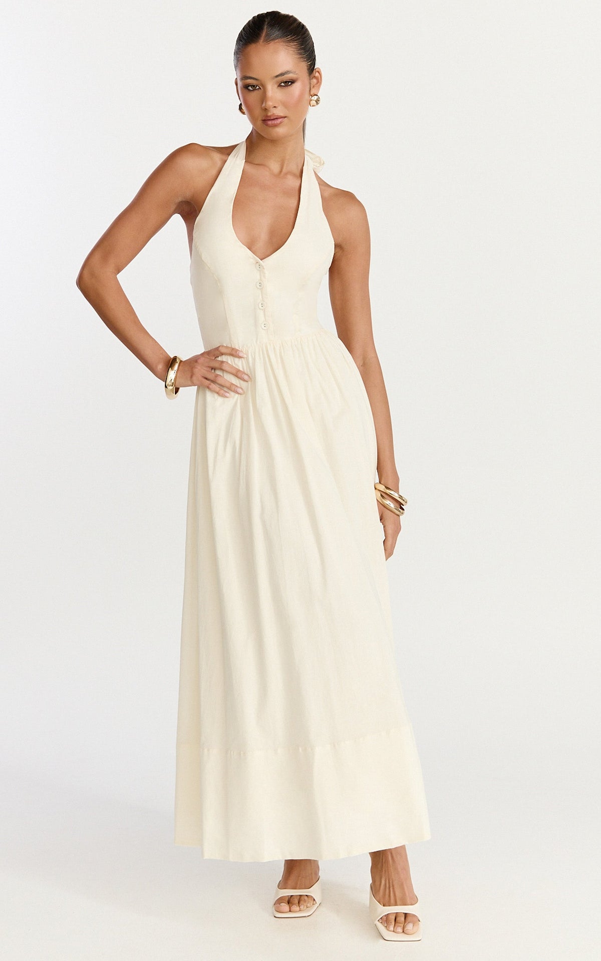 Everly Midi Dress - Tie Halter Neck Button Down Bodice Fit And Flare Dress in Cream