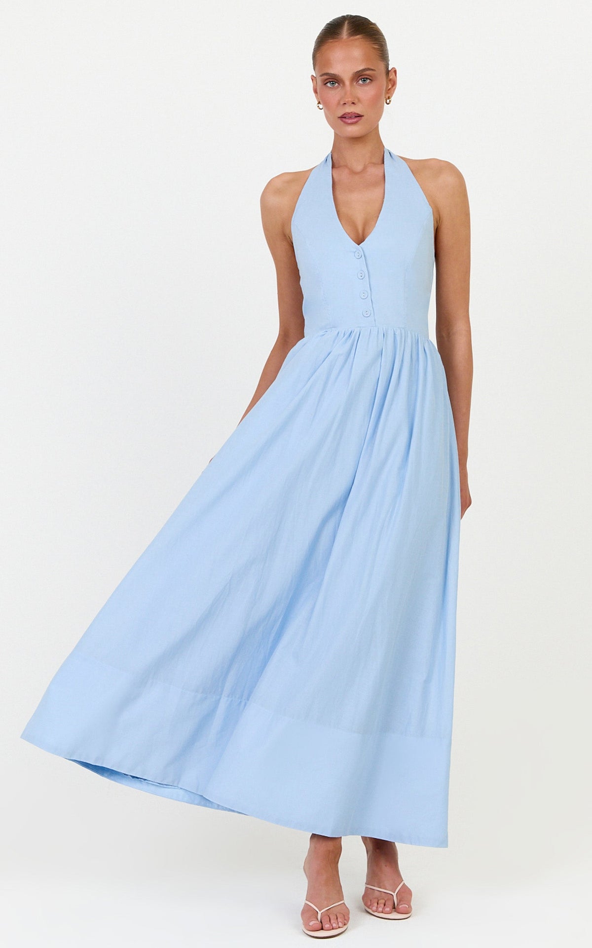 Everly Midi Dress - Tie Halter Neck Button Down Bodice Fit And Flare Dress in Cornflower Blue