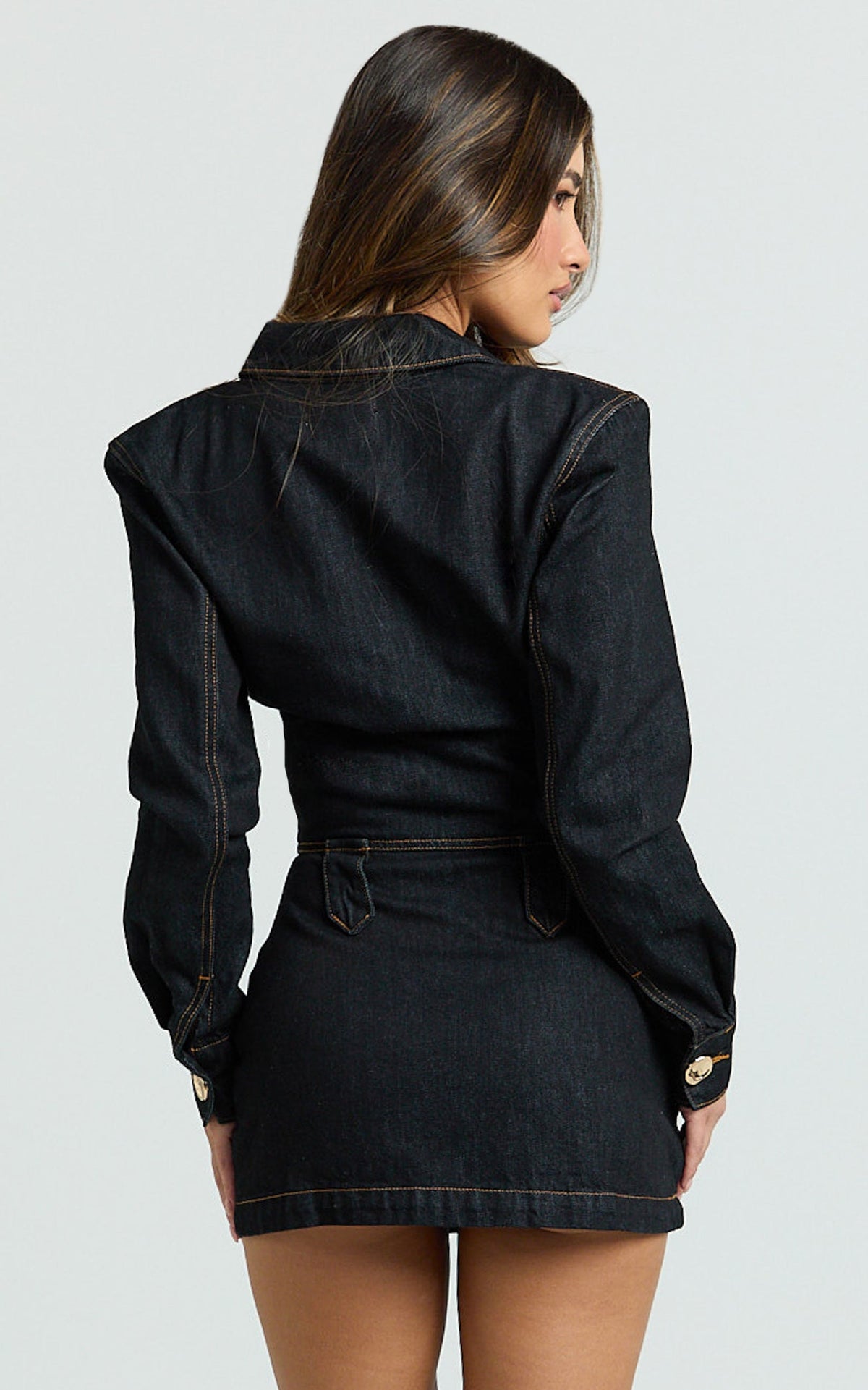 Fabia Mini Dress - Denim Hardware Button Front Fitted Shirt Dress in Dark Wash