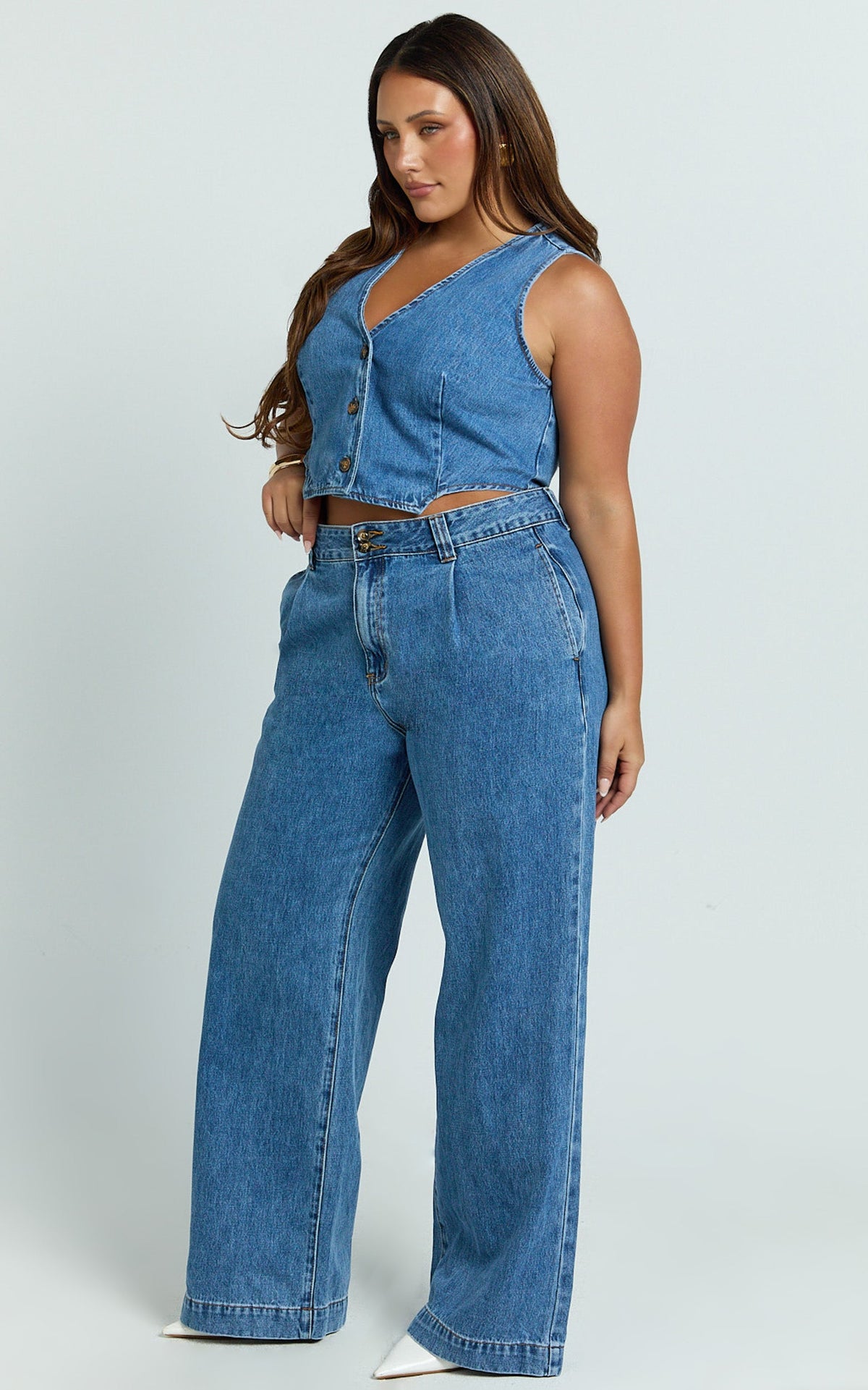 Fergie Jeans - Denim High Waisted Straight Leg Denim Jeans in Mid Blue Wash
