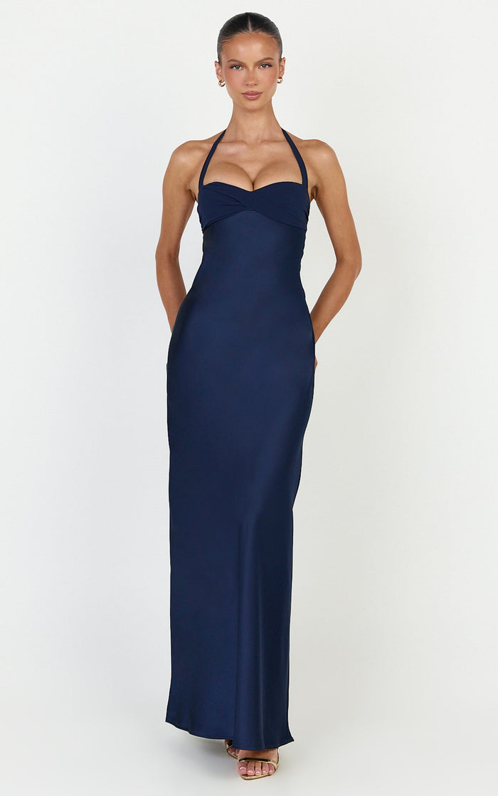 Flynn Maxi Dress - Satin Halter Sweetheart Neck Dress in Navy