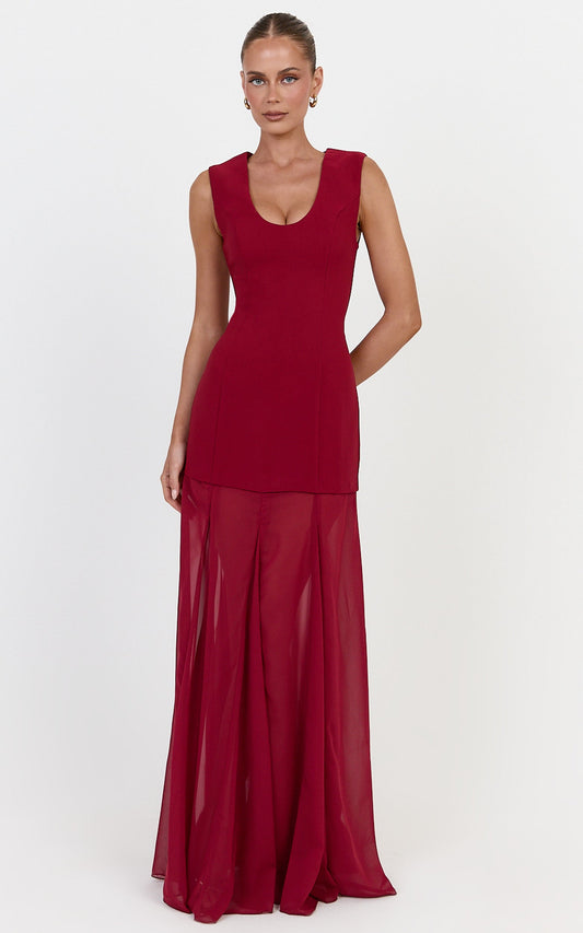 Frances Maxi Dress - Contrast U Neck Godet A Line Dress in Wine