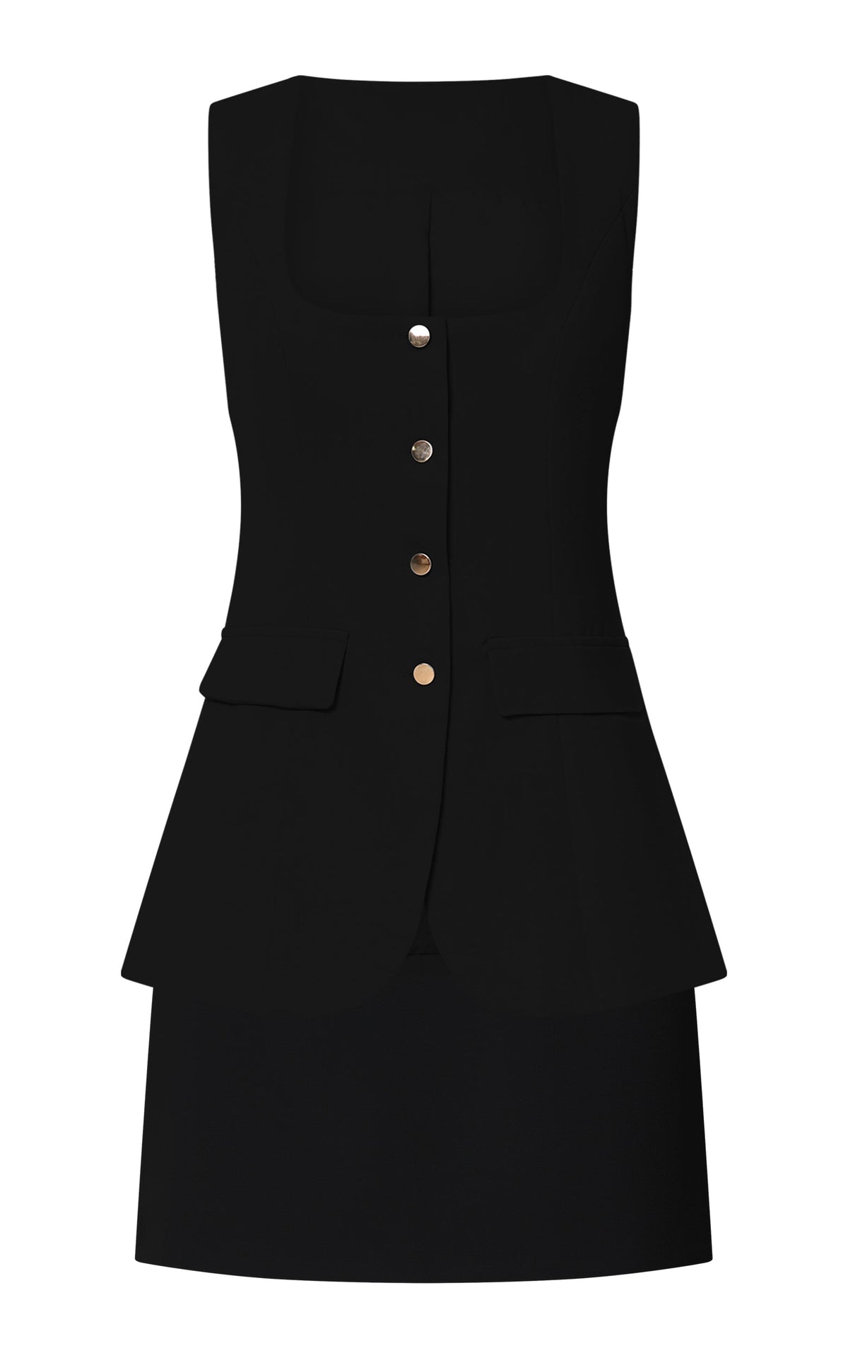 Phyllis Two Piece Set - Tailored Scoop Neck Vest Top and A Line Mini Skirt Set with Gold Buttons in Black