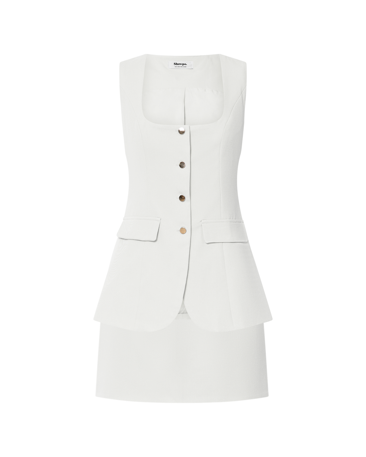 Phyllis Two Piece Set - Tailored Scoop Neck Vest Top and A Line Mini Skirt Set with Gold Buttons in White