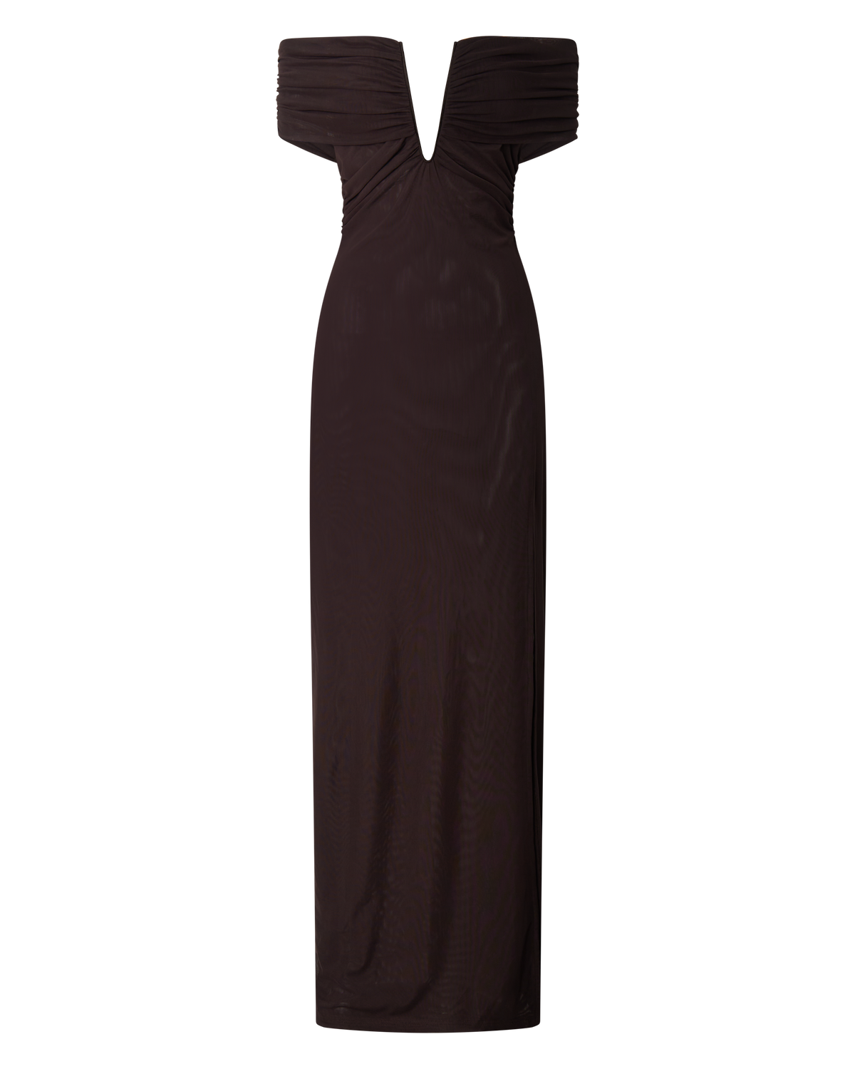Alessia Maxi Dress - Off Shoulder Ruched Bodycon Dress in Chocolate