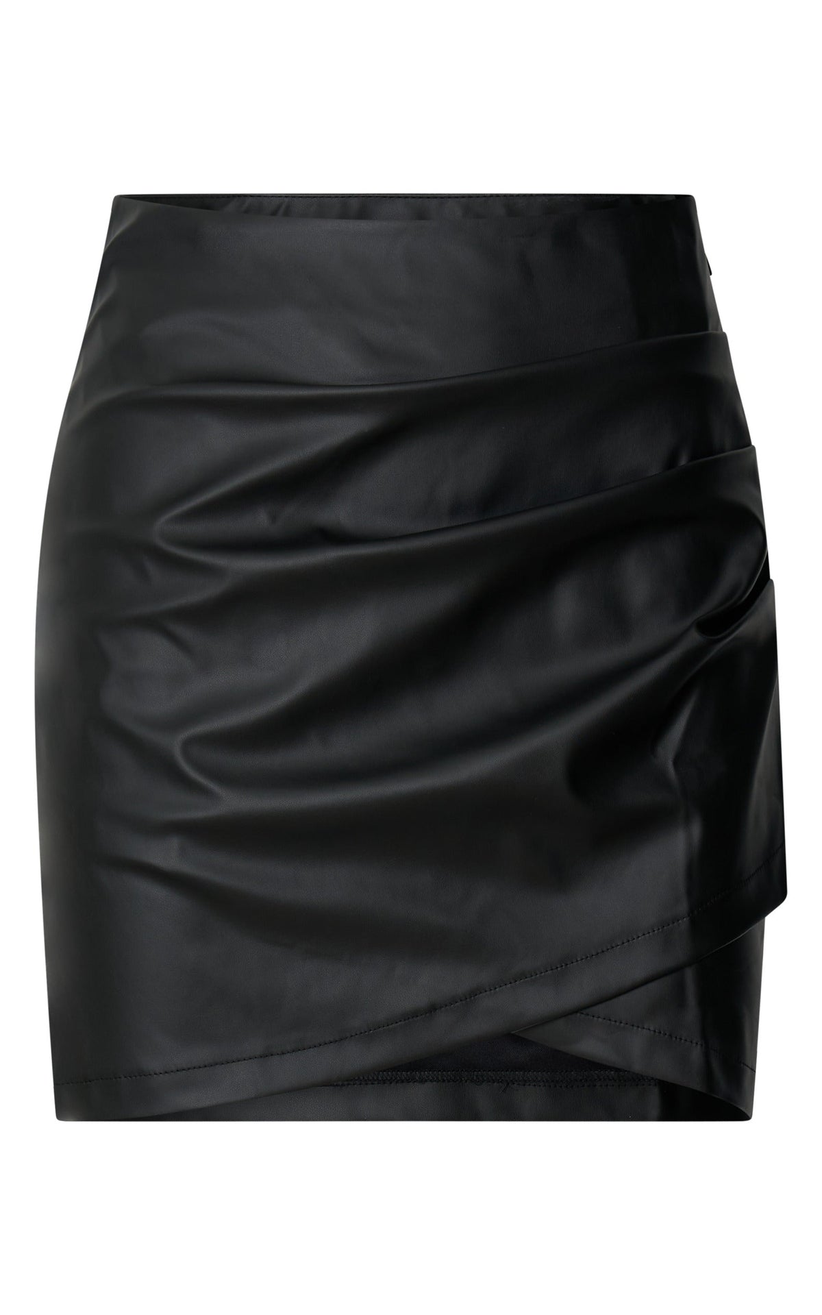 Ashlyn Mini Skirt - Faux Leather Overlap Skirt in Black