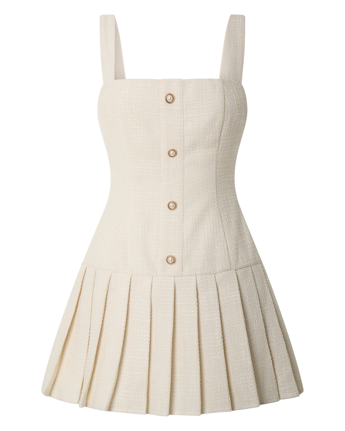 Calissa Mini Dress - Boucle Square Neck Drop Waist Pleated Dress in Cream