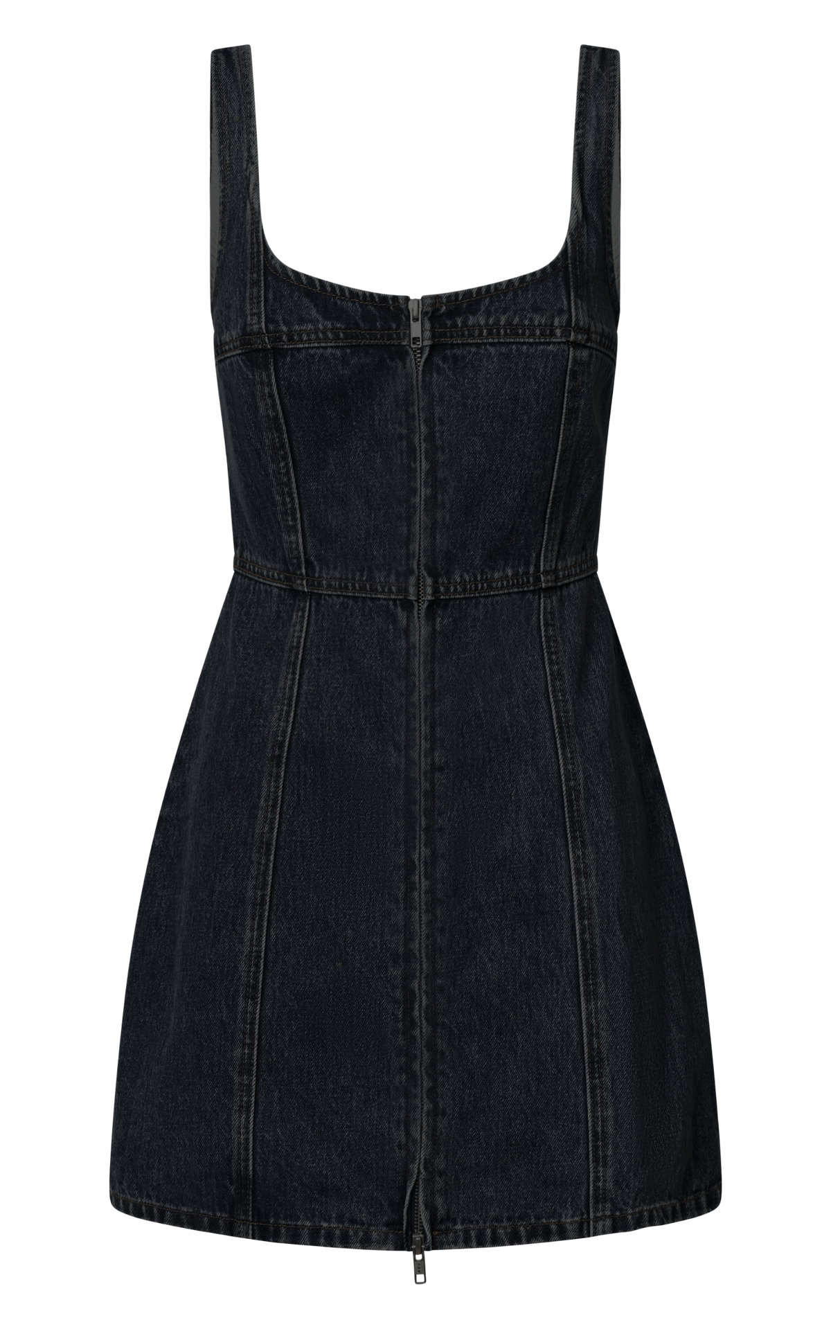 Chrysoula Mini Dress - Square Neck Zip Front Sleeveless Bodycon Denim in Washed Black