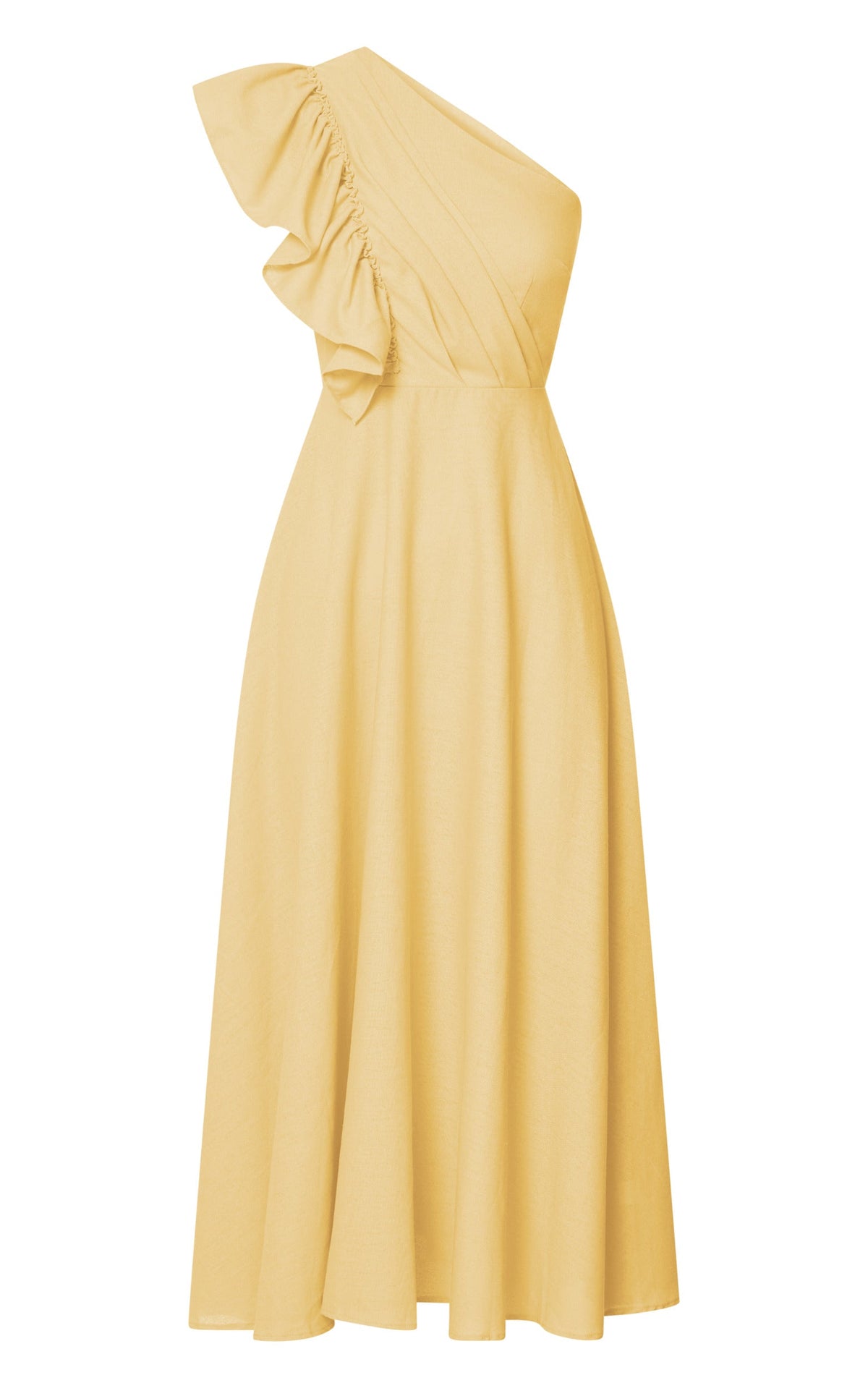 Dixie Midi Dress - Linen Look One Shoulder Ruffle Dress in Lemon