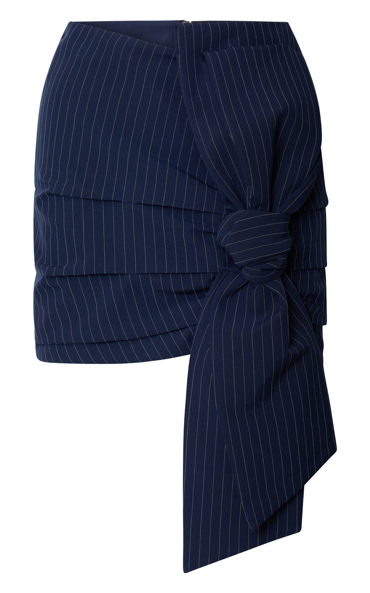 Elliot Mini Skirt - Pinstripe Ruched Bow Detail Fitted Skirt in Navy