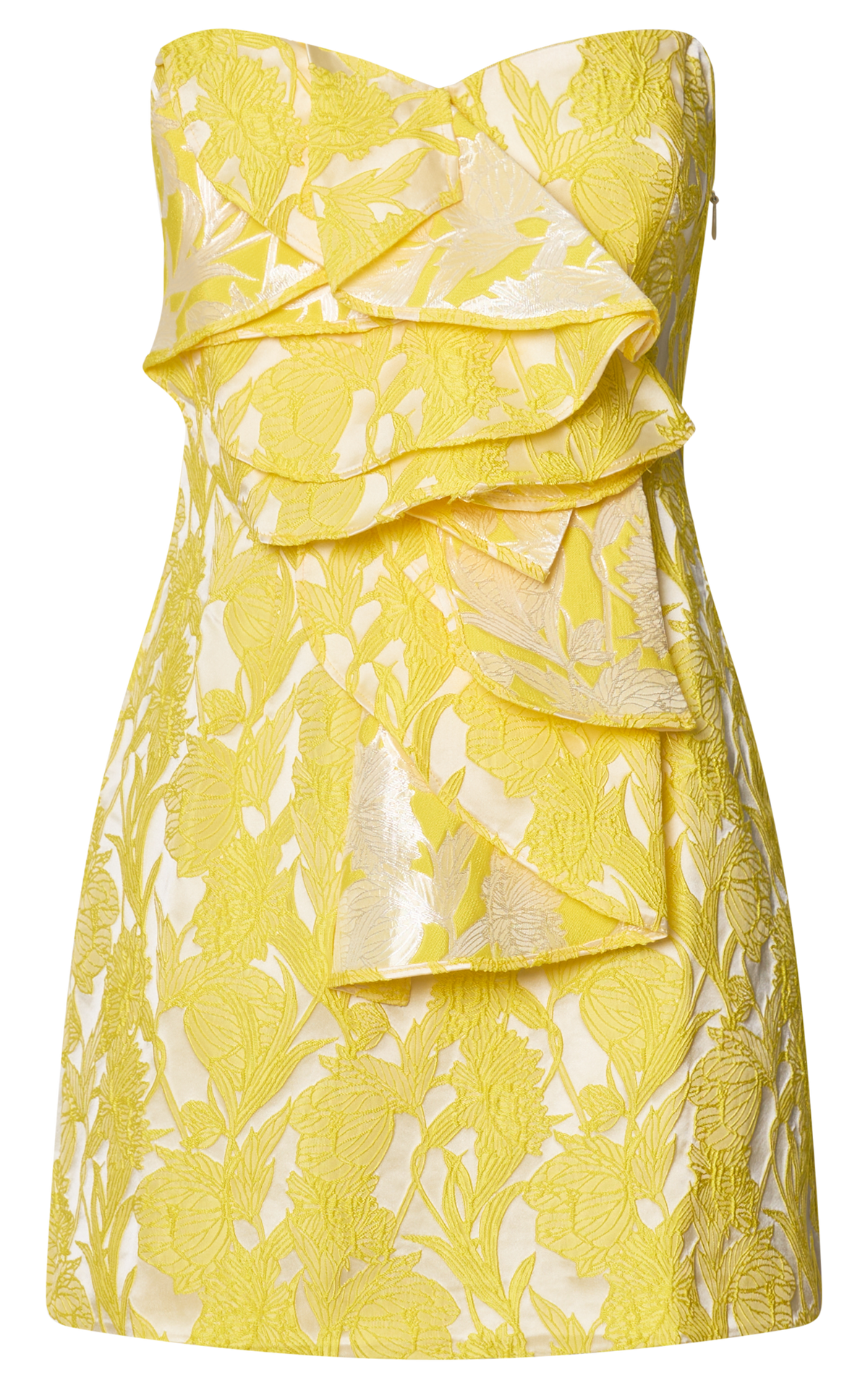 Amalie The Label - Frederika Strapless Ruffle Detail Jacquard Mini Dress in Yellow