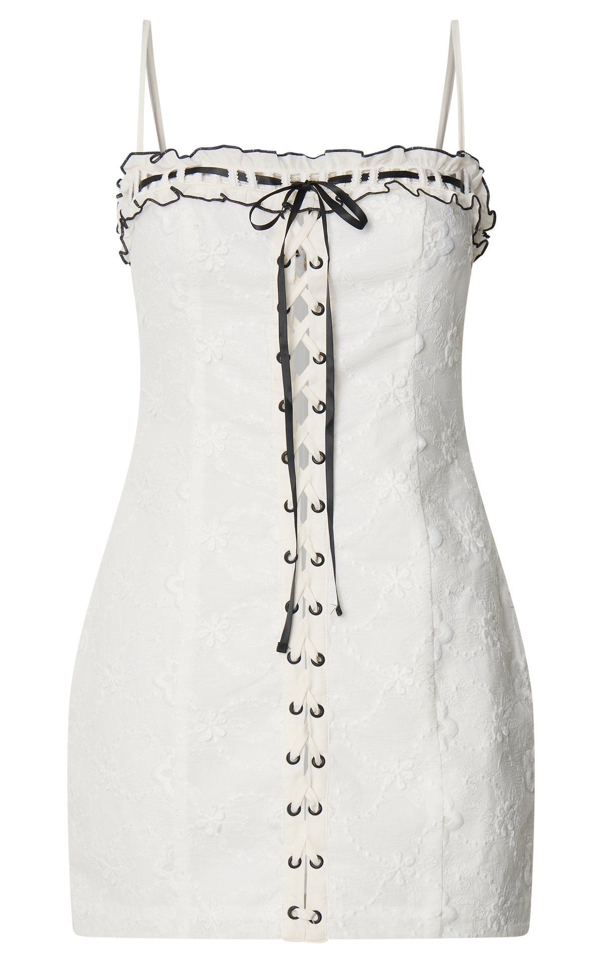 Gisele Mini Dress - Straight Neck Fitted Laced Front Dress in White