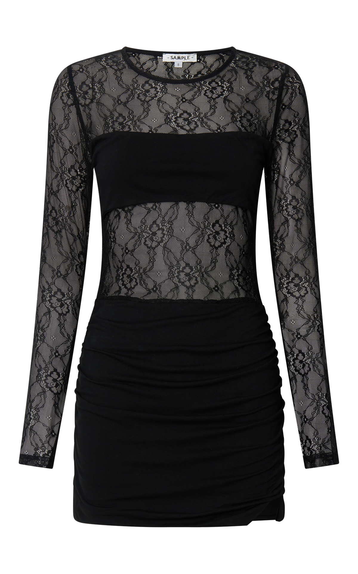 Imelda Mini Dress - Contrast Lace Long Sleeve Ruched Bodycon Dress in Black