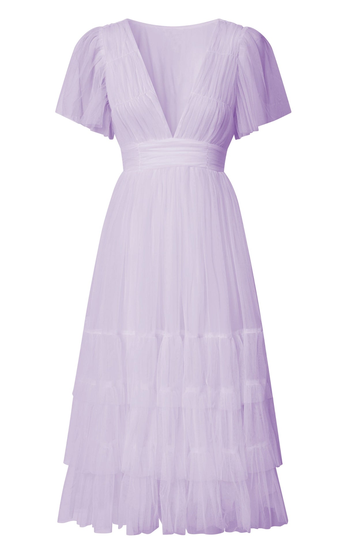 Jiraye Midi Dress - Flutter Sleeve Tuelle Plunge Dress in Lilac
