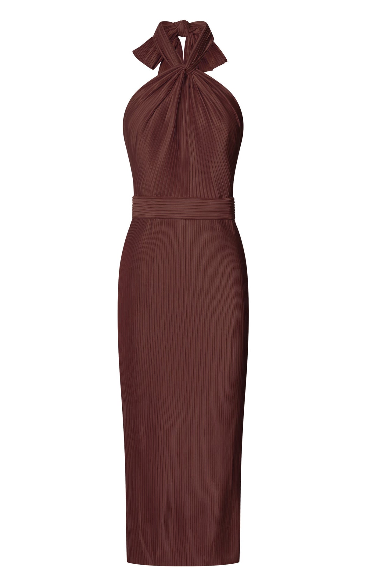 Marlette Midi Dress - Pleated Open Back Halter Dress in Chocolate