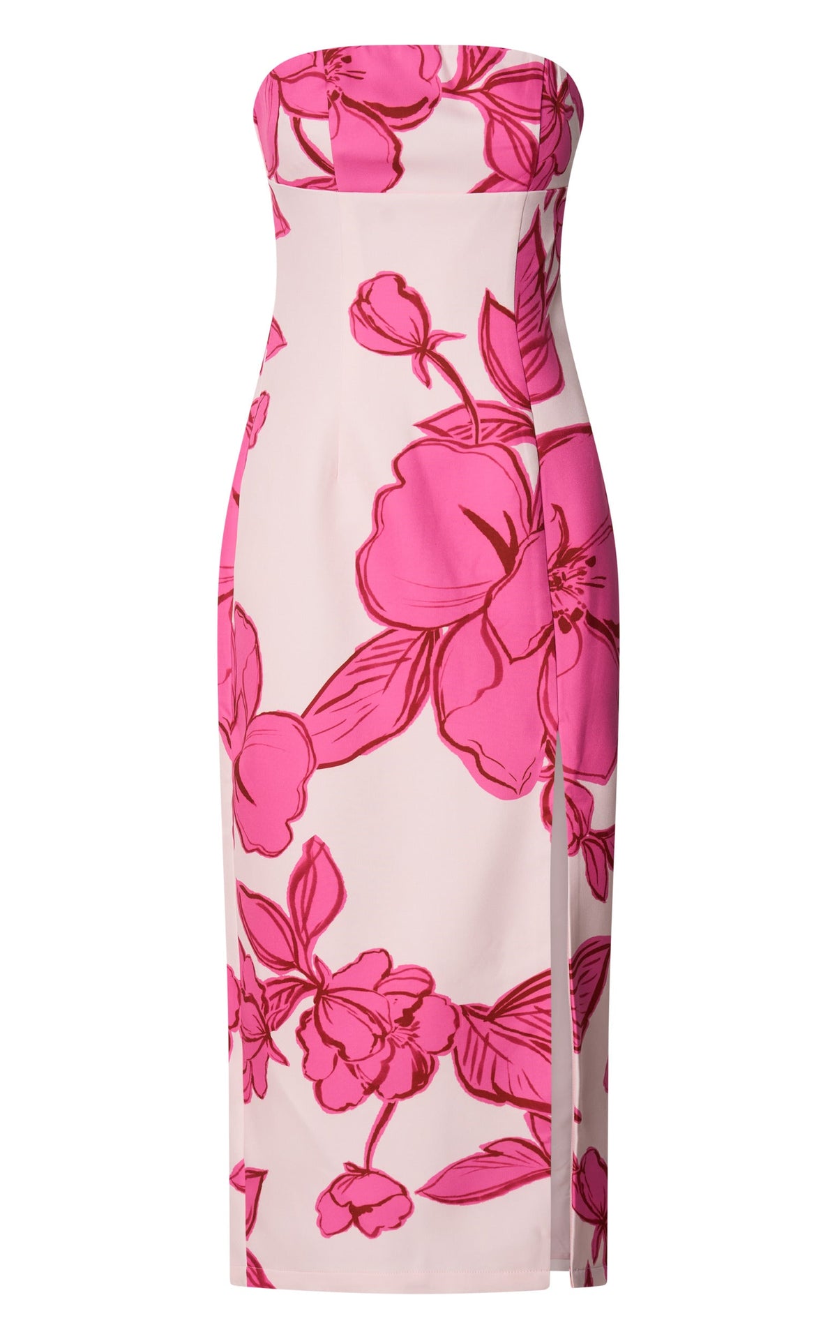 Shantelle Midi Dress - Strapless Bodycon Back Split Dress in Bouquet Di Fiori Print
