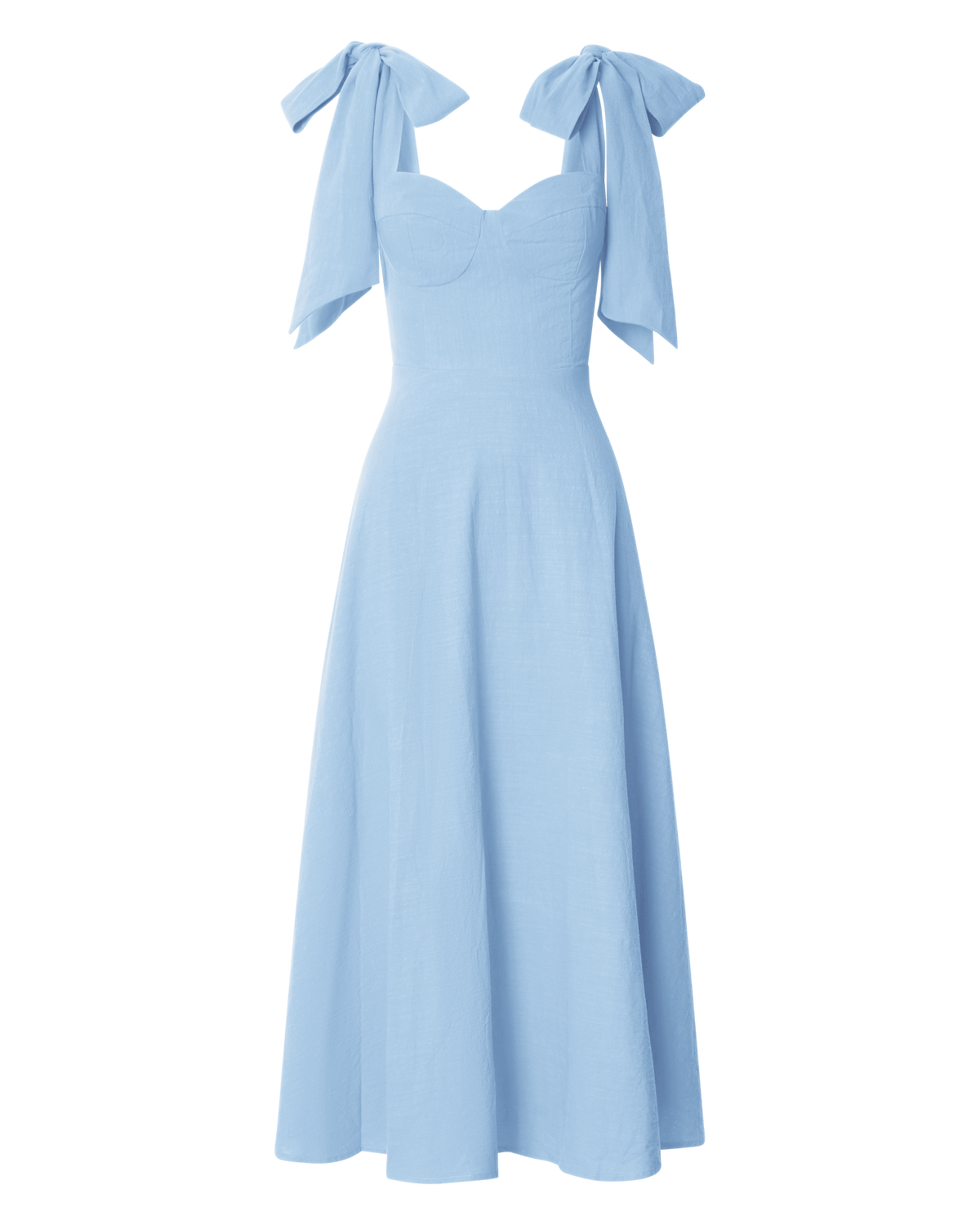 Tymia Midi Dress - Shoulder Tie Bustier Shirred Back A Line in Pastel Blue