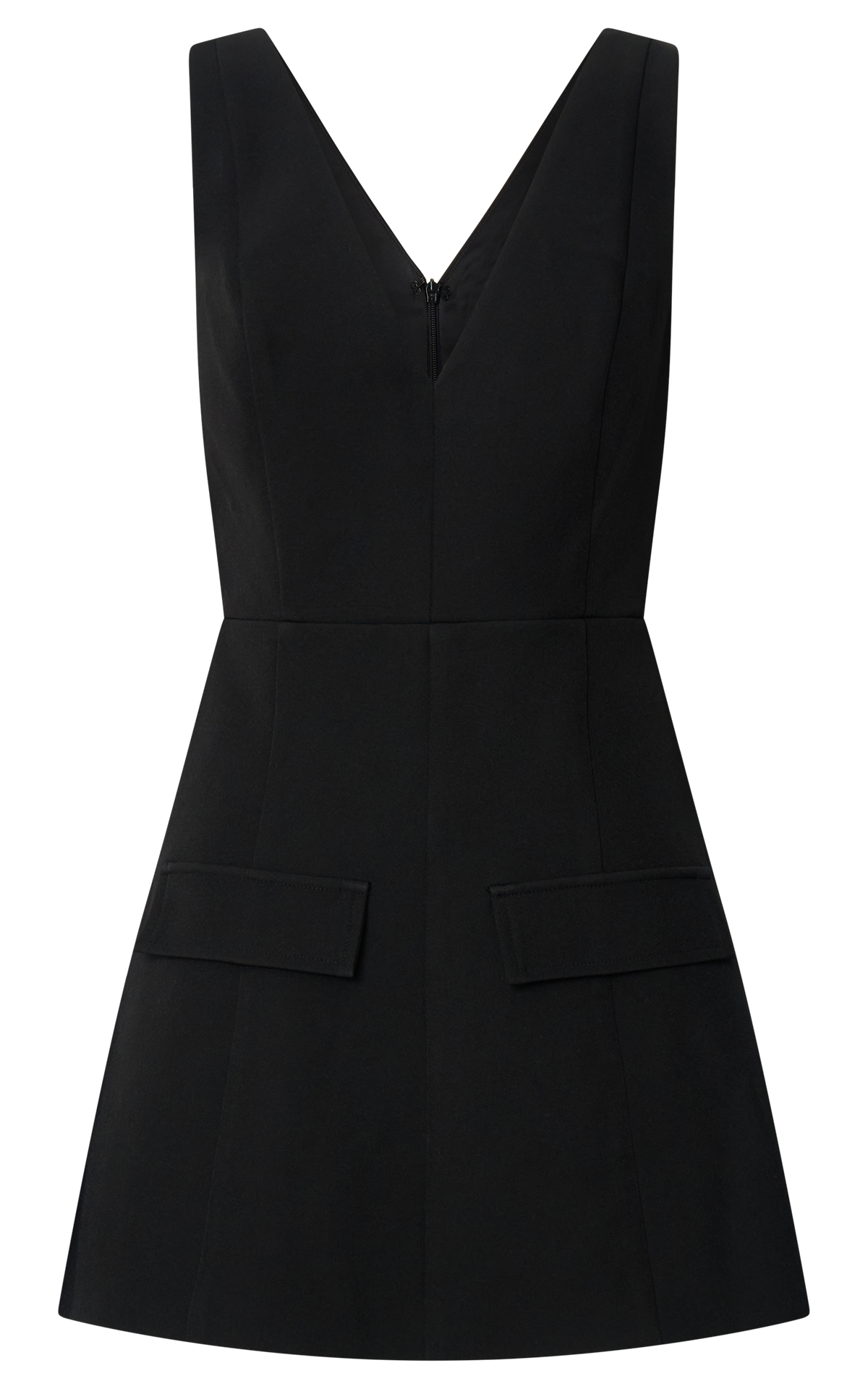 Zareena Mini Dress - V Neck Structured Tulip Pocket Detail Dress in Black