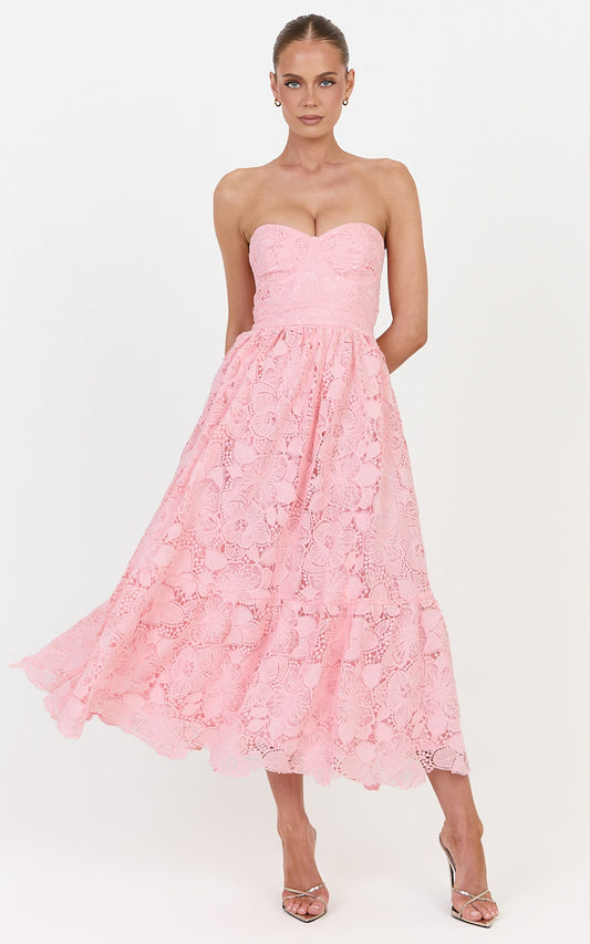 Gabriela Midi Dress - Strapless Lace Dress in Light Pink